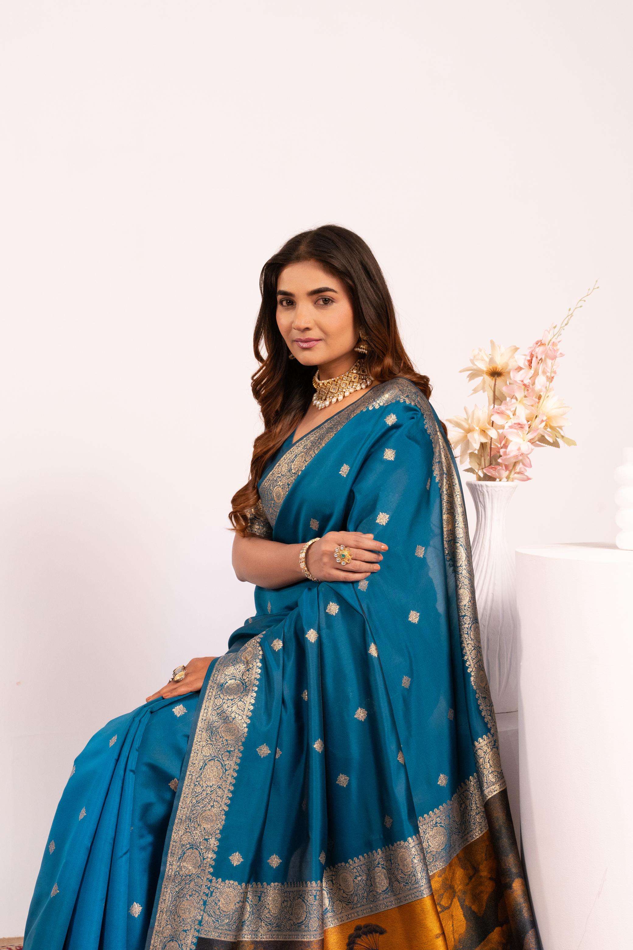Firozi Zari Resham Designer Banarasi Silk Saree