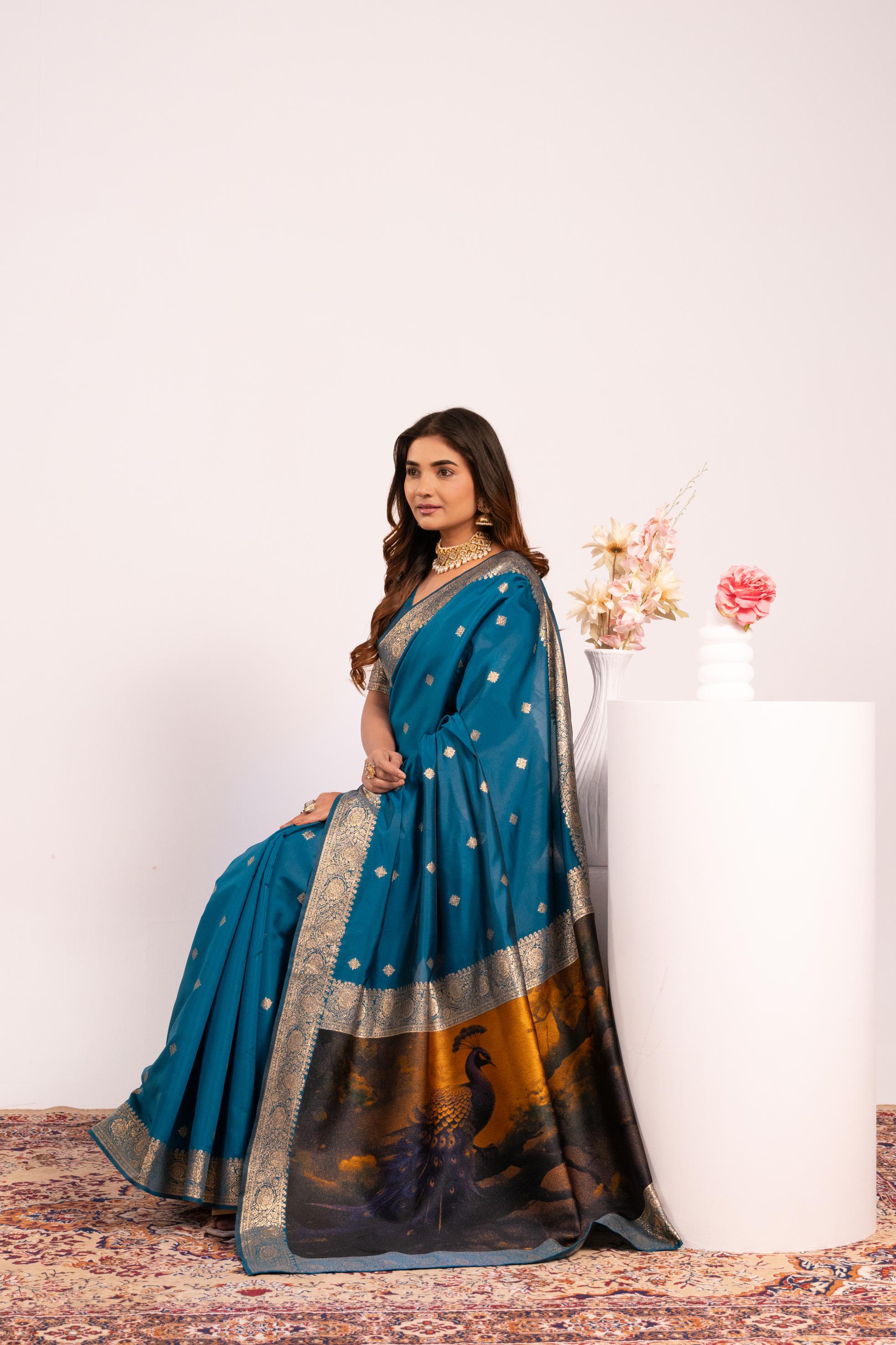 Firozi Zari Resham Designer Banarasi Silk Saree