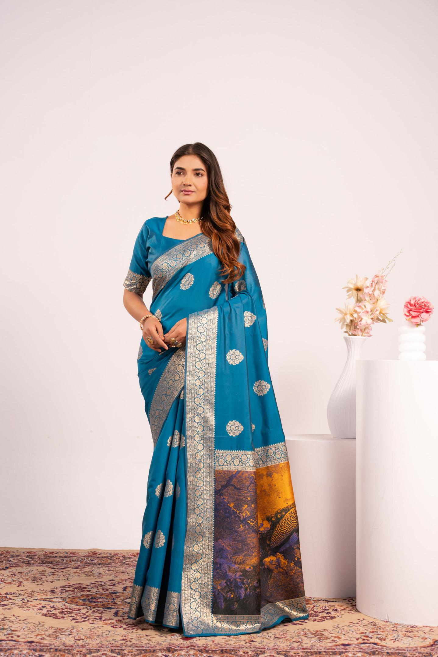 Firozi Zari Resham Work Banarasi Silk Saree