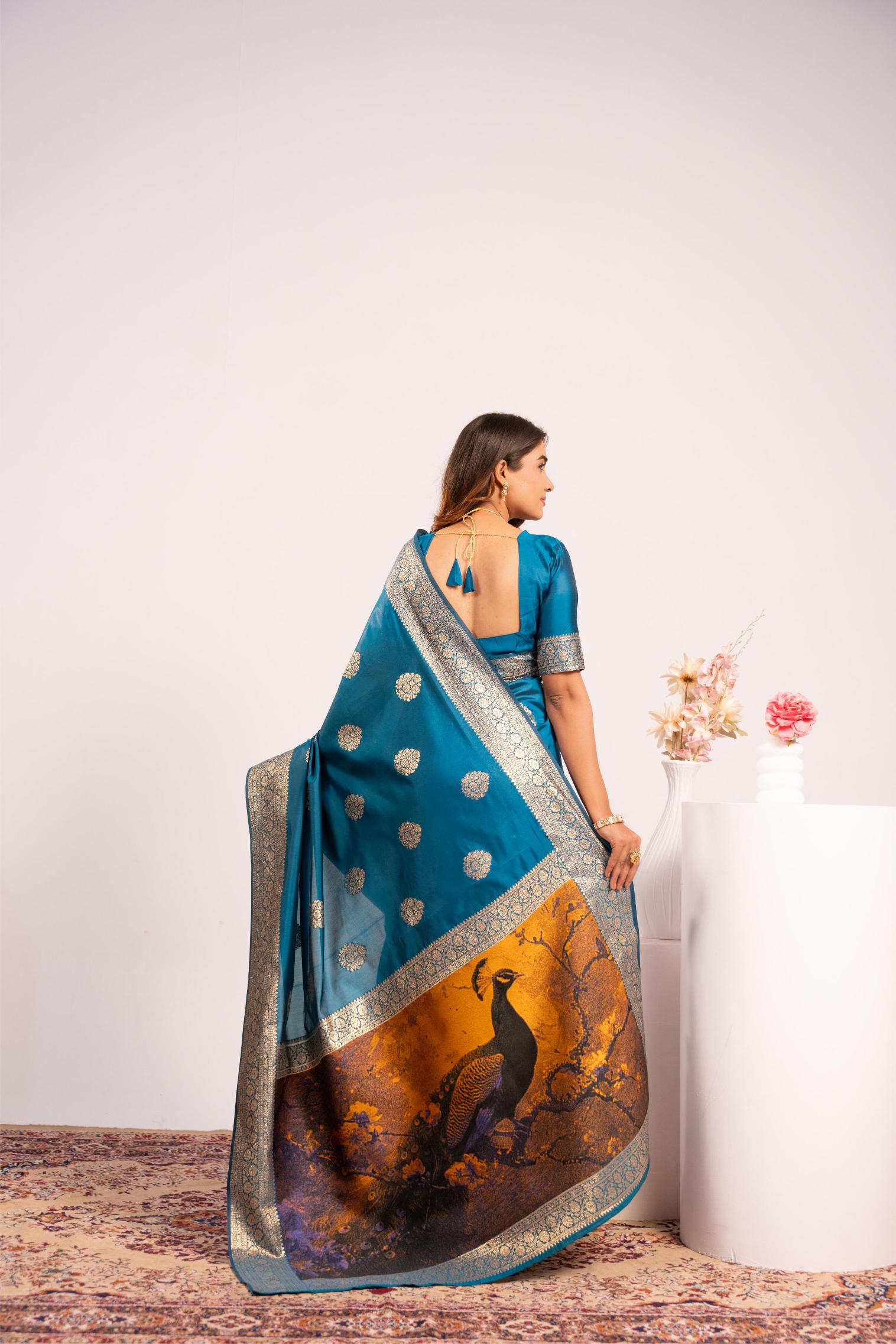 Firozi Zari Resham Work Banarasi Silk Saree — alternate view