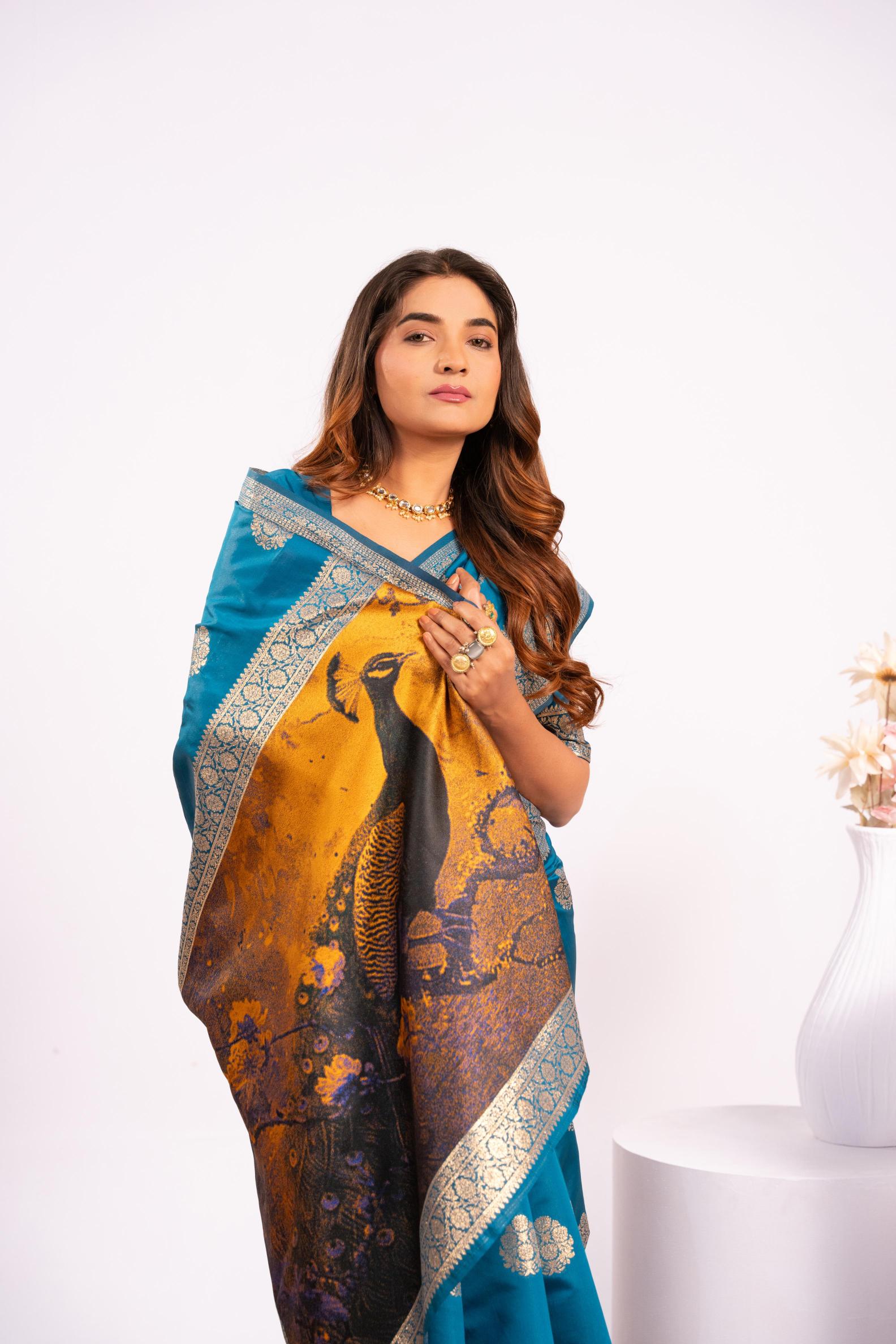 Firozi Zari Resham Work Banarasi Silk Saree