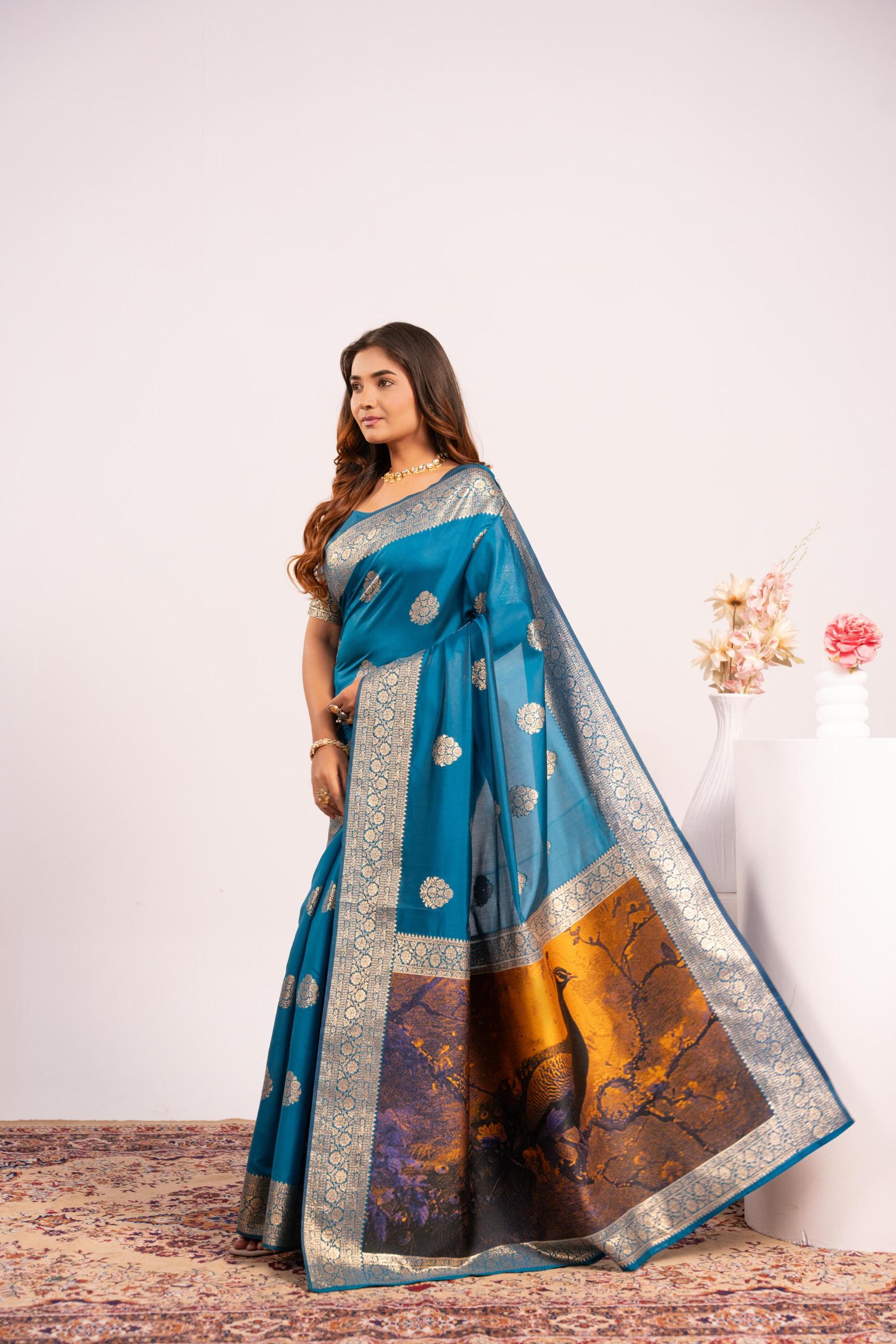 Firozi Zari Resham Work Banarasi Silk Saree