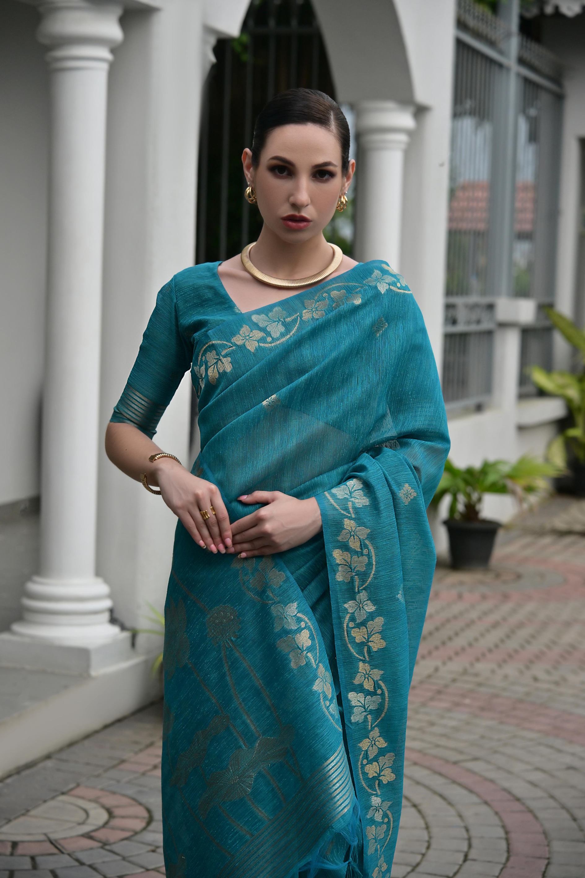 Firozi Zari Woven Jute Linen Silk Saree
