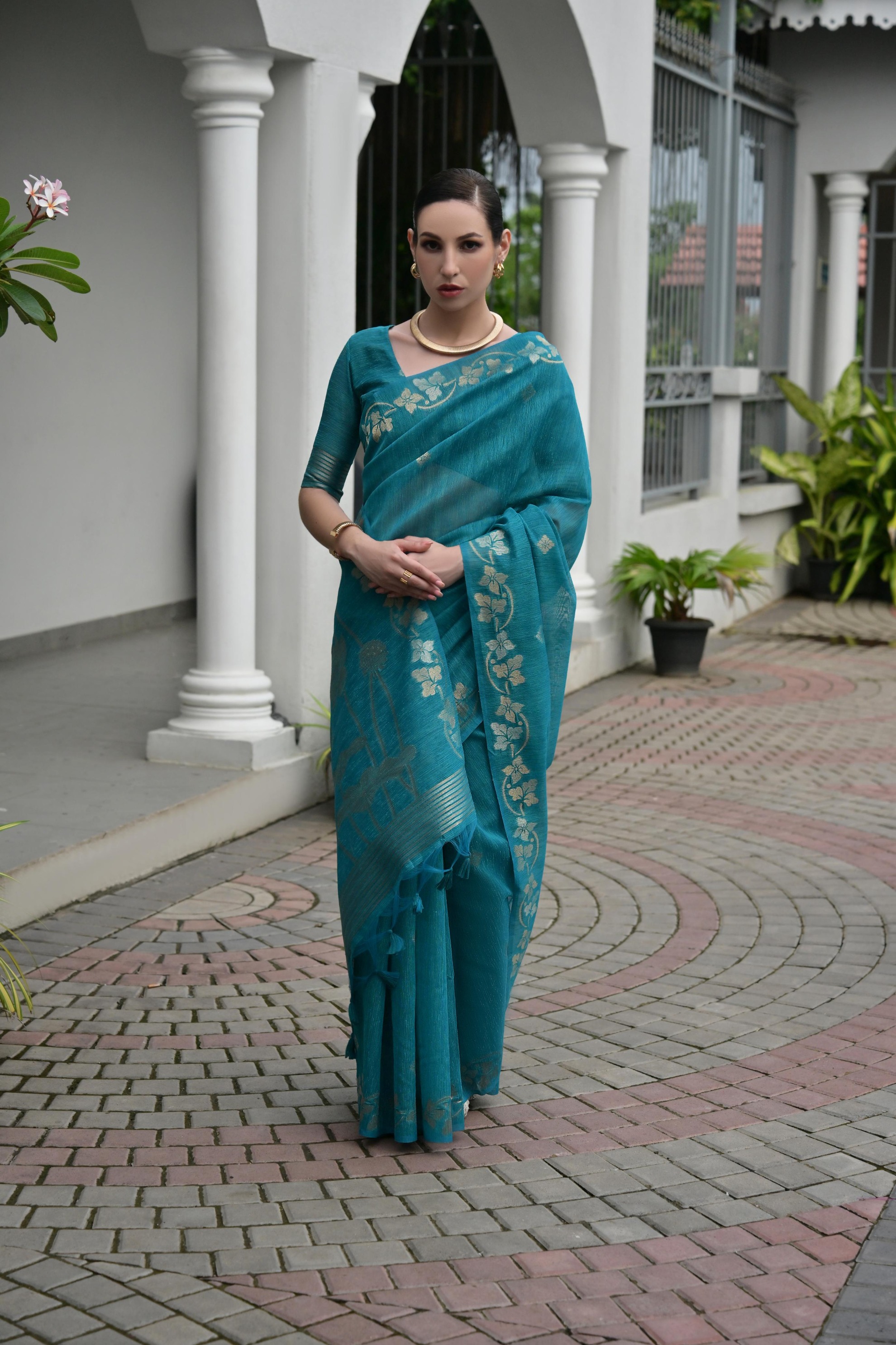 Firozi Zari Woven Jute Linen Silk Saree