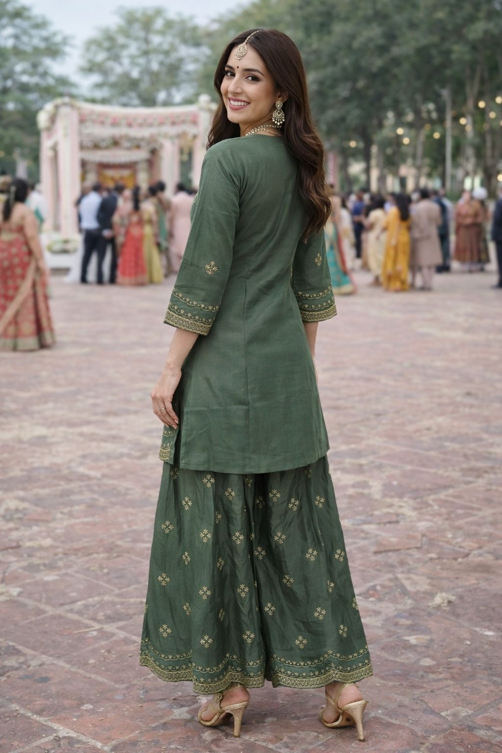 Forest Green Embroidered Sharara Suit