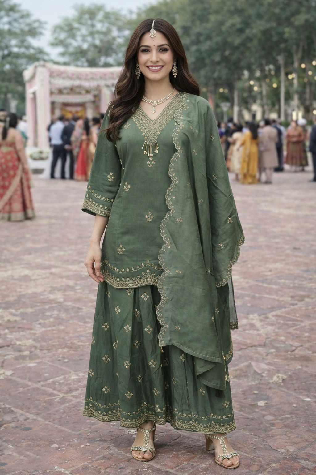 Forest Green Embroidered Sharara Suit