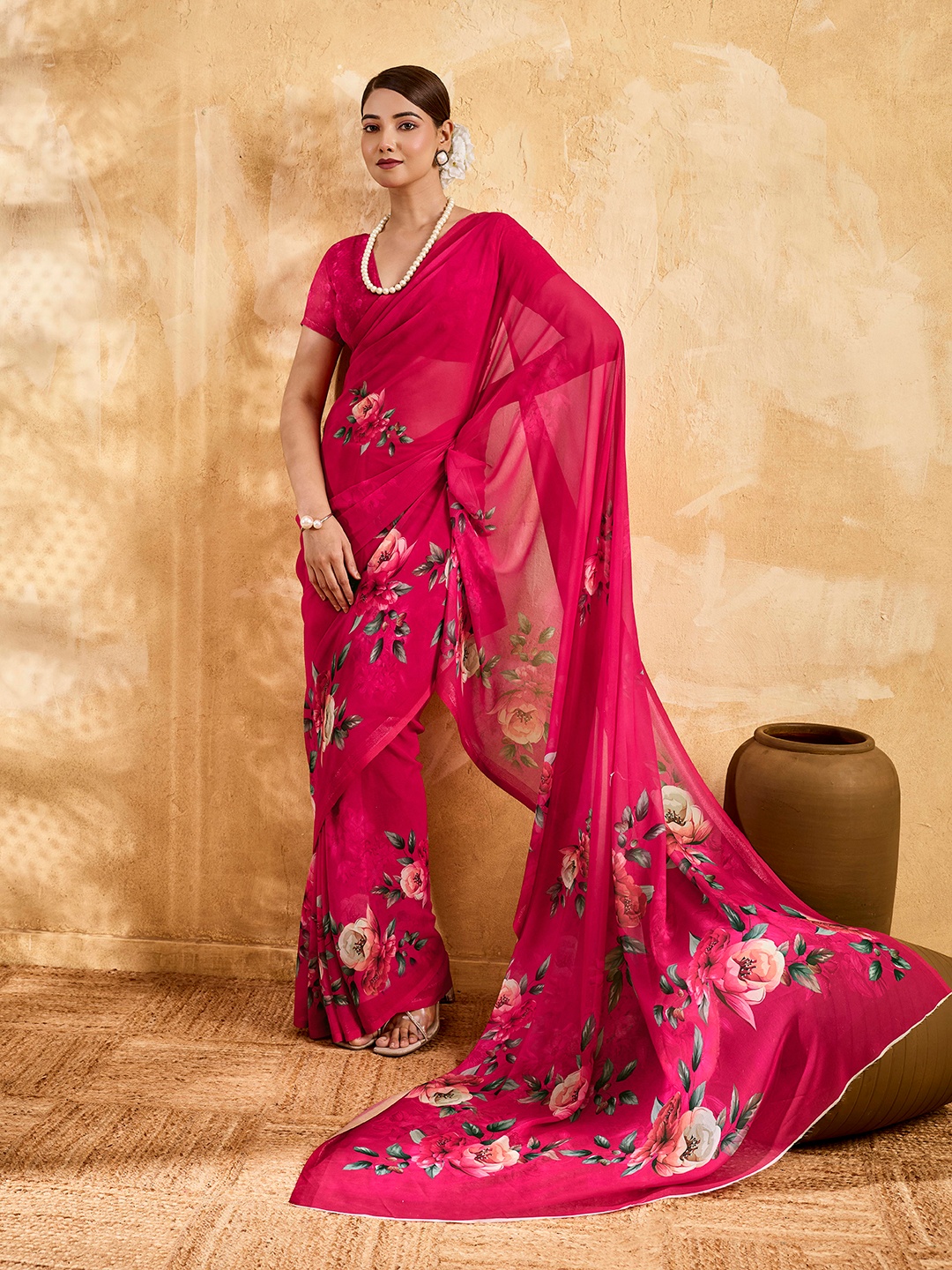 Fuchsia Floral Printed Chiffon Saree