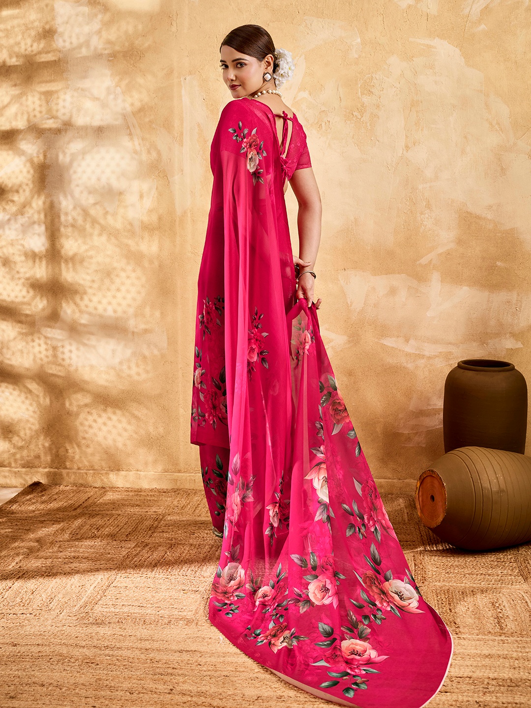 Fuchsia Floral Printed Chiffon Saree — alternate view