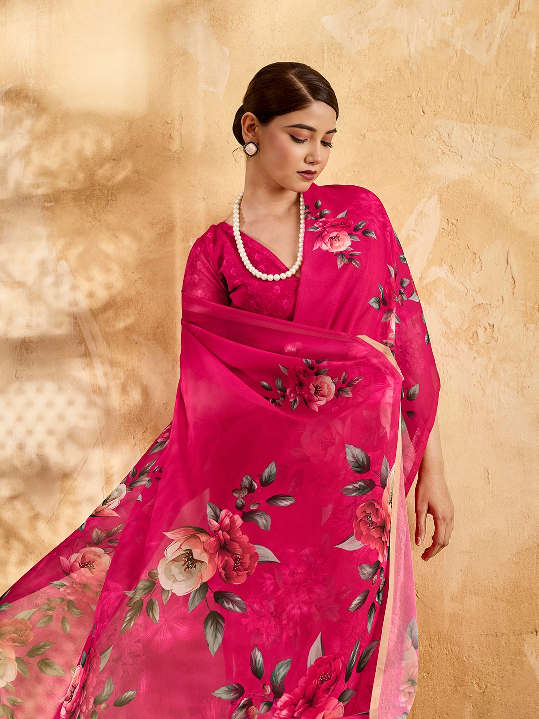 Fuchsia Floral Printed Chiffon Saree