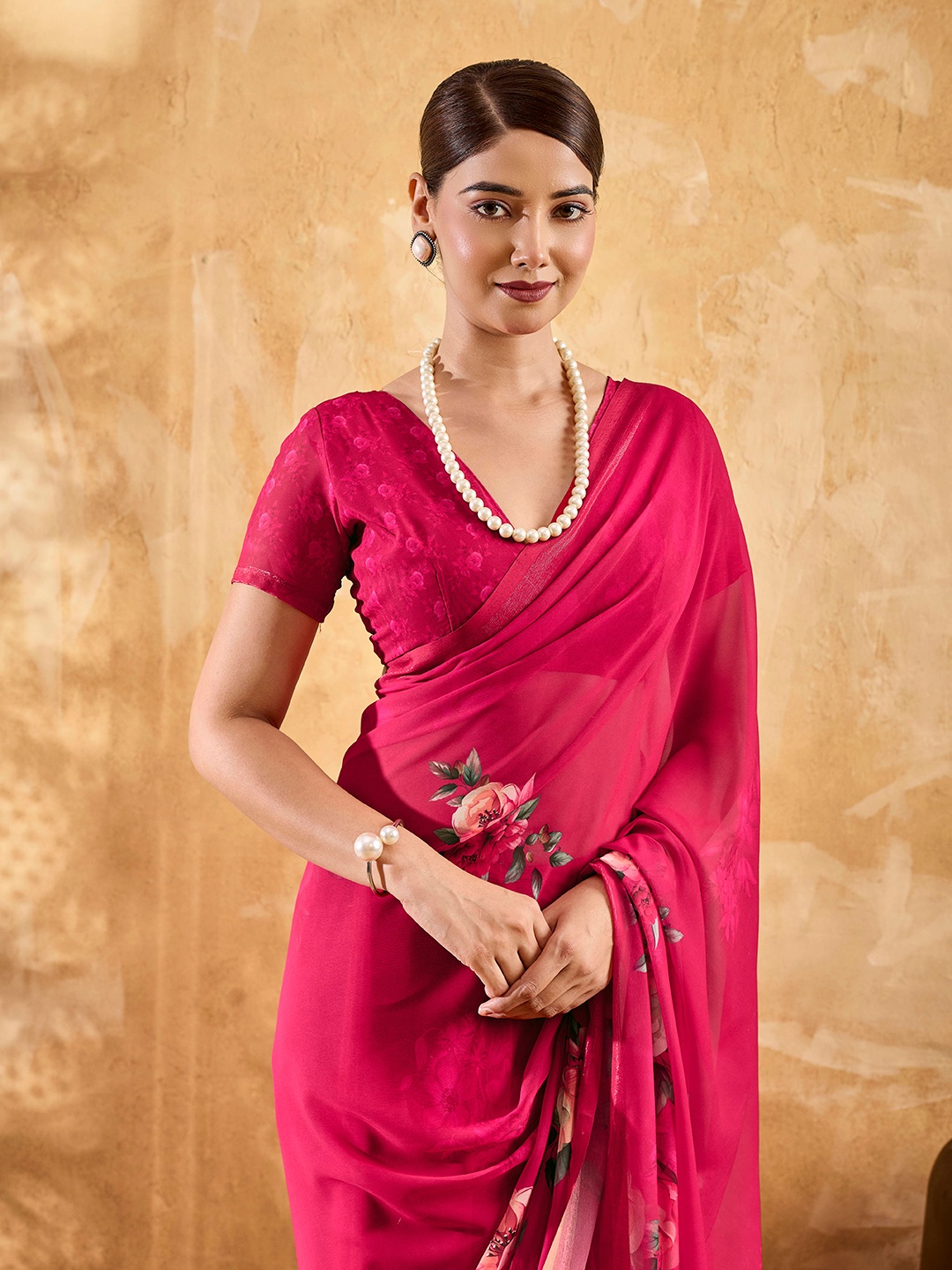 Fuchsia Floral Printed Chiffon Saree