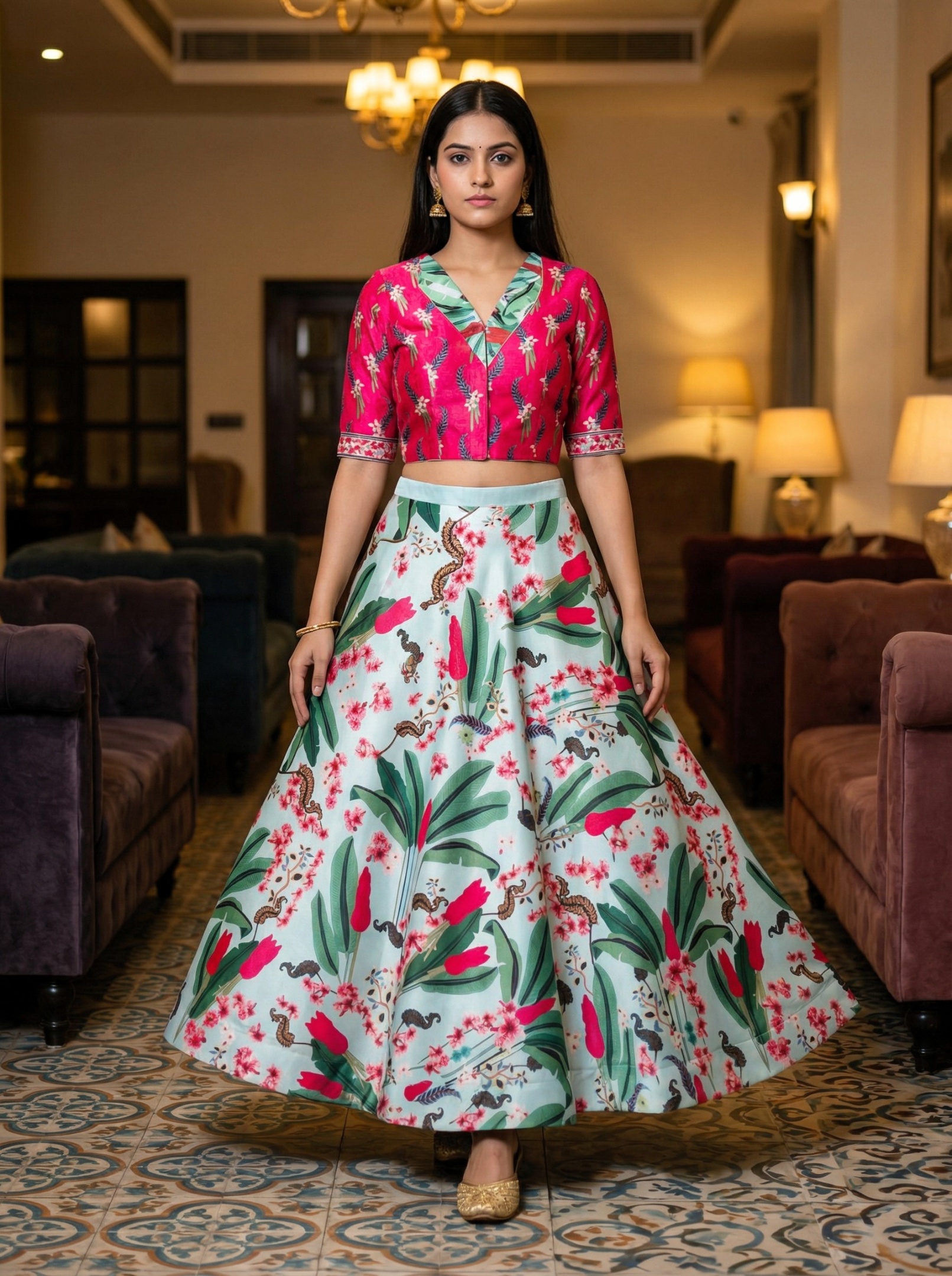 Fuchsia Pink Botanical Printed Silk Blend Lehenga Choli