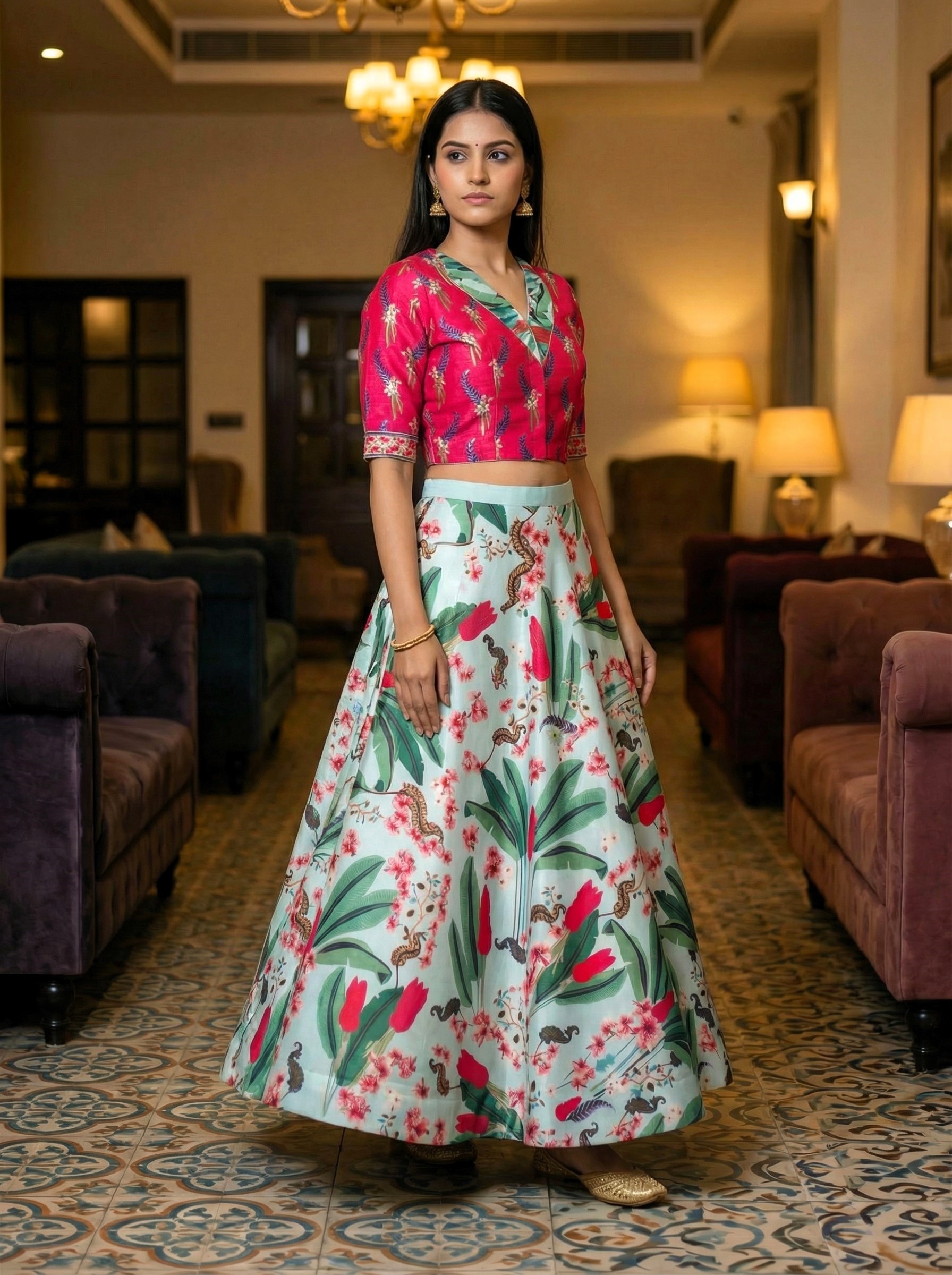 Fuchsia Pink Botanical Printed Silk Blend Lehenga Choli — alternate view