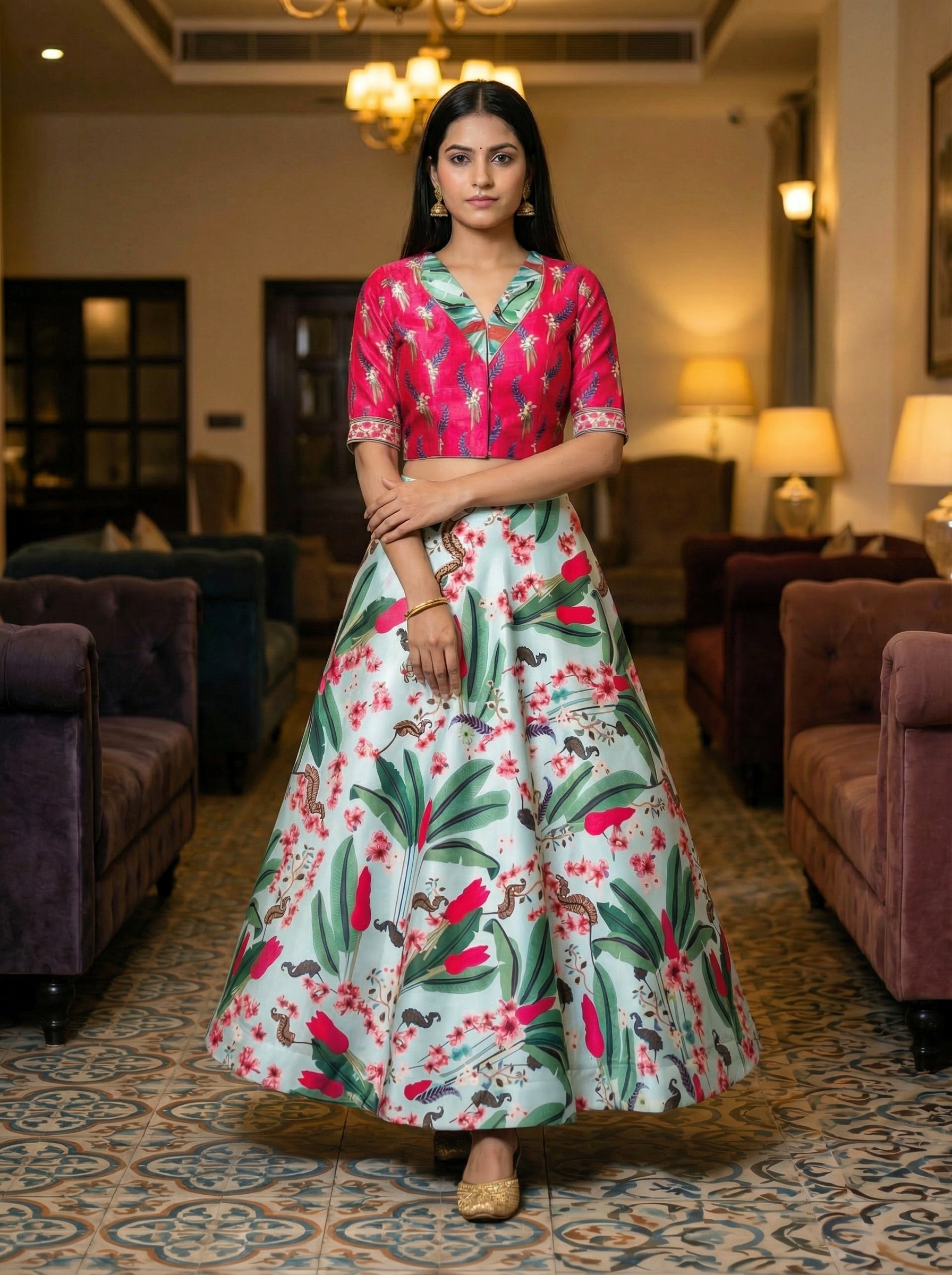 Fuchsia Pink Botanical Printed Silk Blend Lehenga Choli