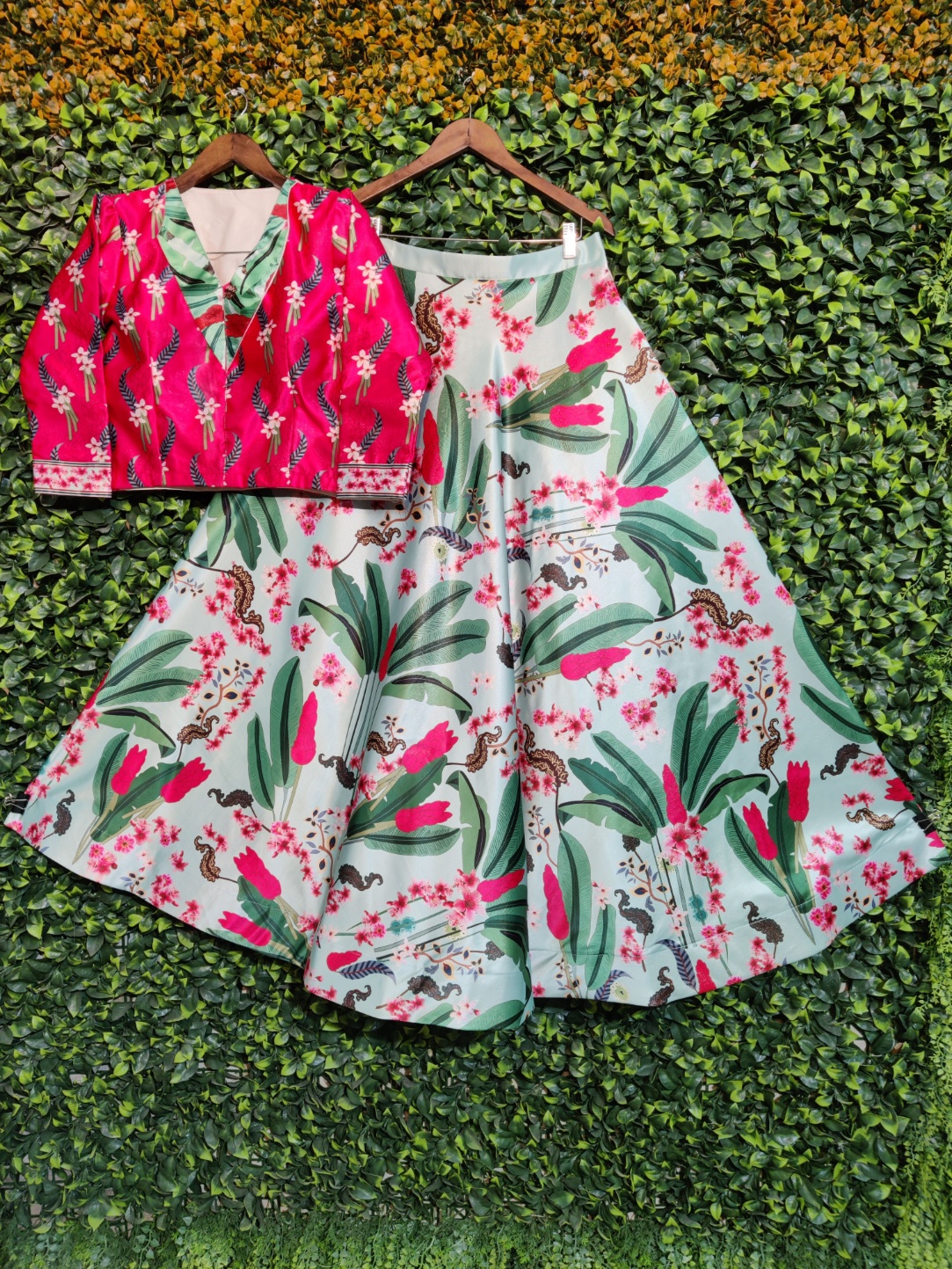 Fuchsia Pink Botanical Printed Silk Blend Lehenga Choli