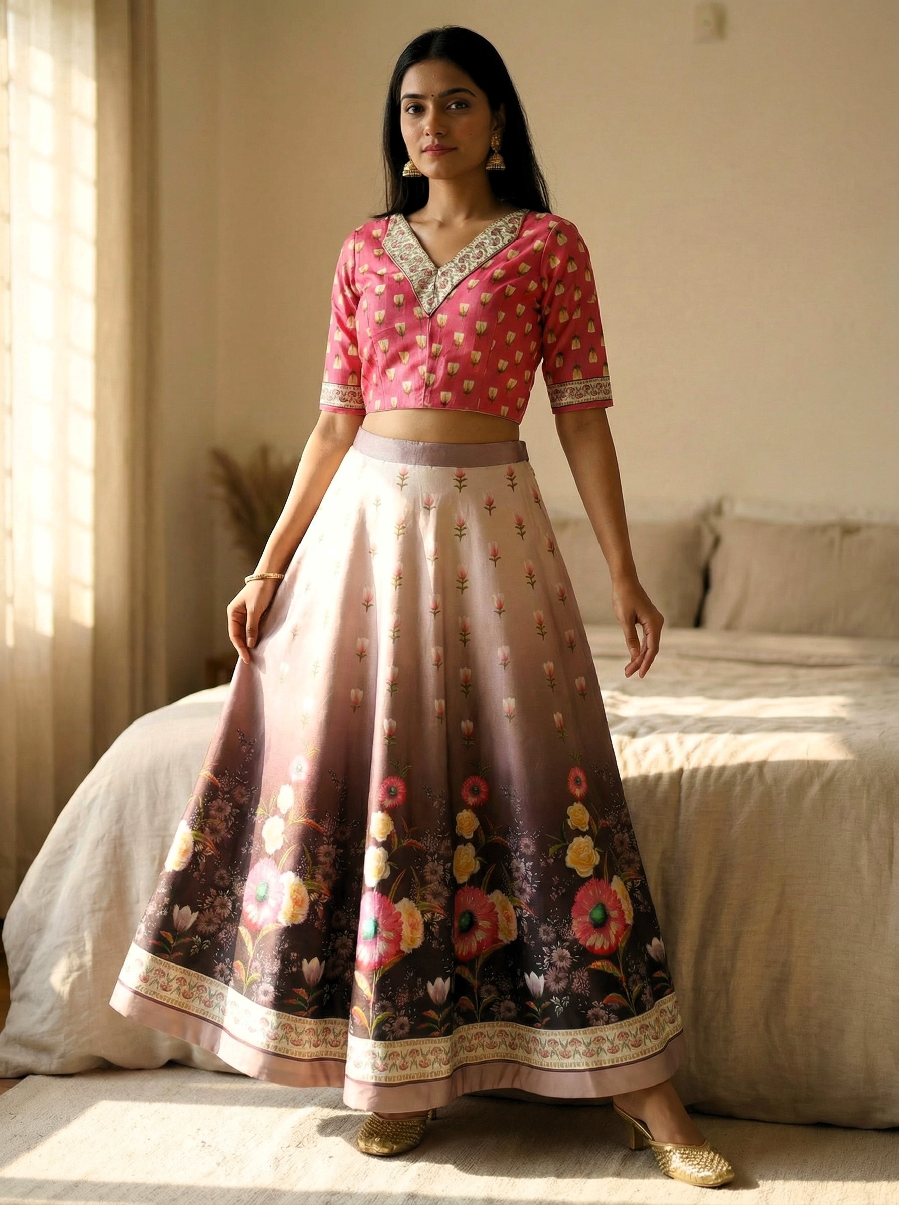 Gajari Floral Printed Silk Blend Lehenga Choli