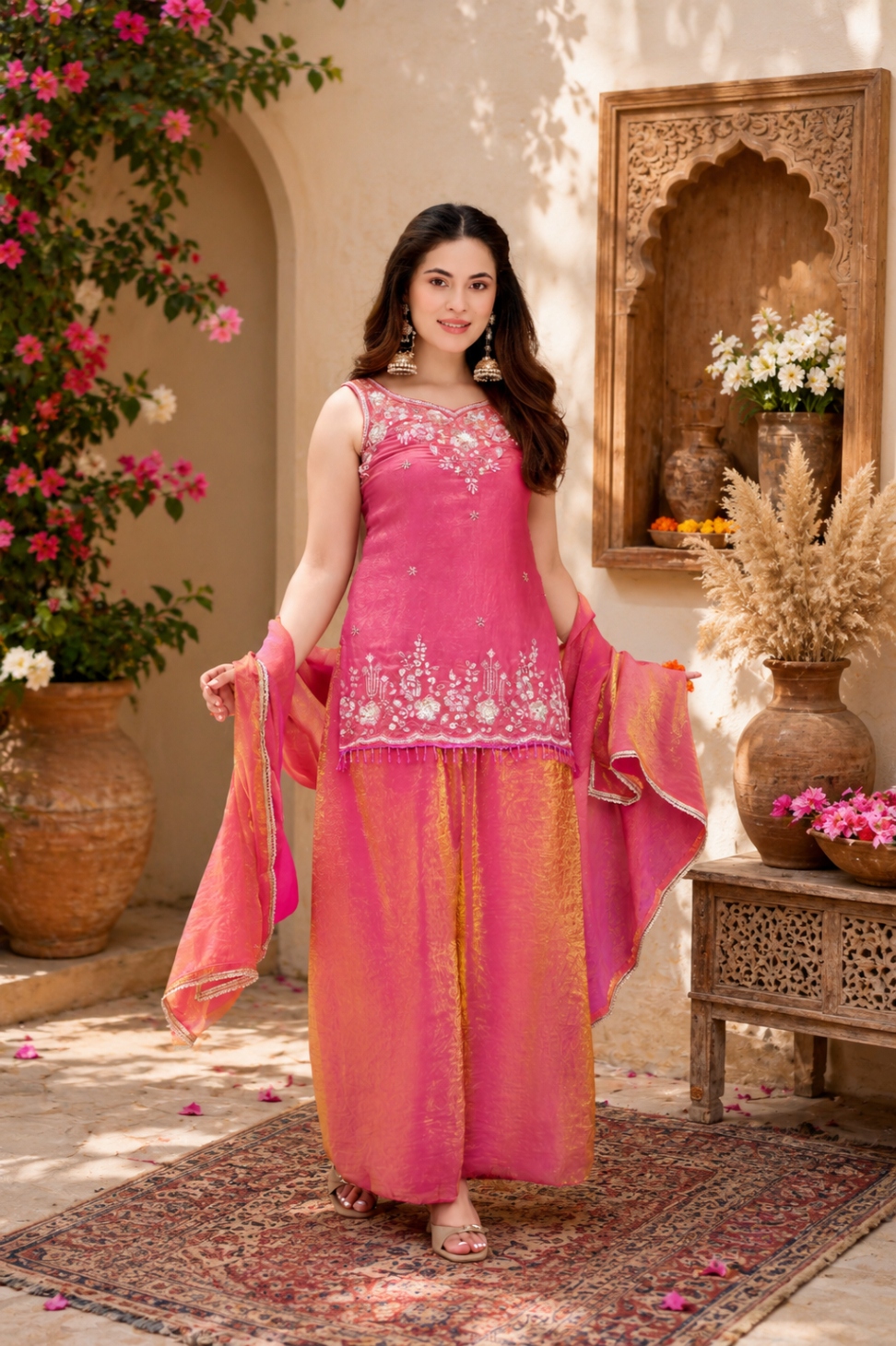 Gajri Bead Work Fendy Satin Palazzo Suit