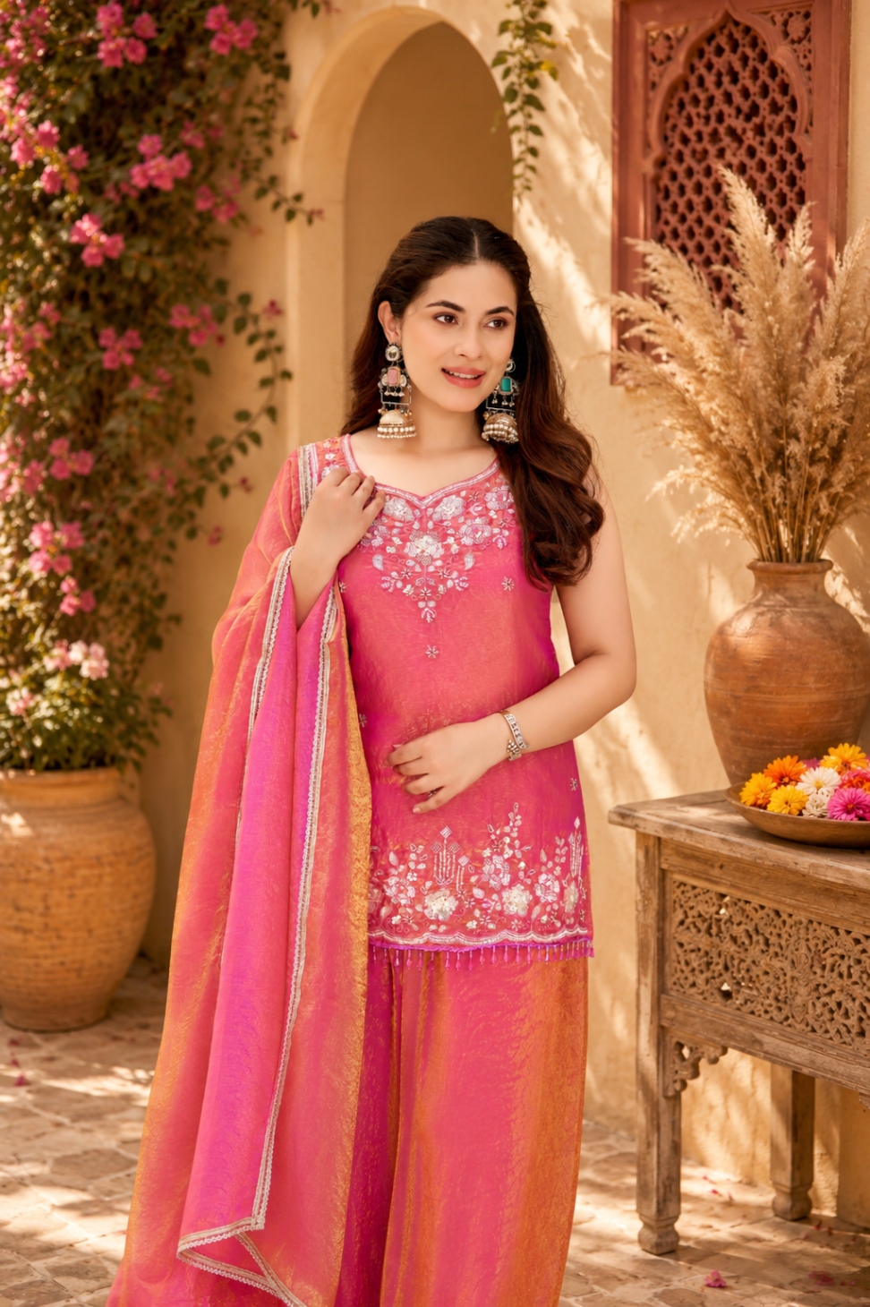 Gajri Bead Work Fendy Satin Palazzo Suit