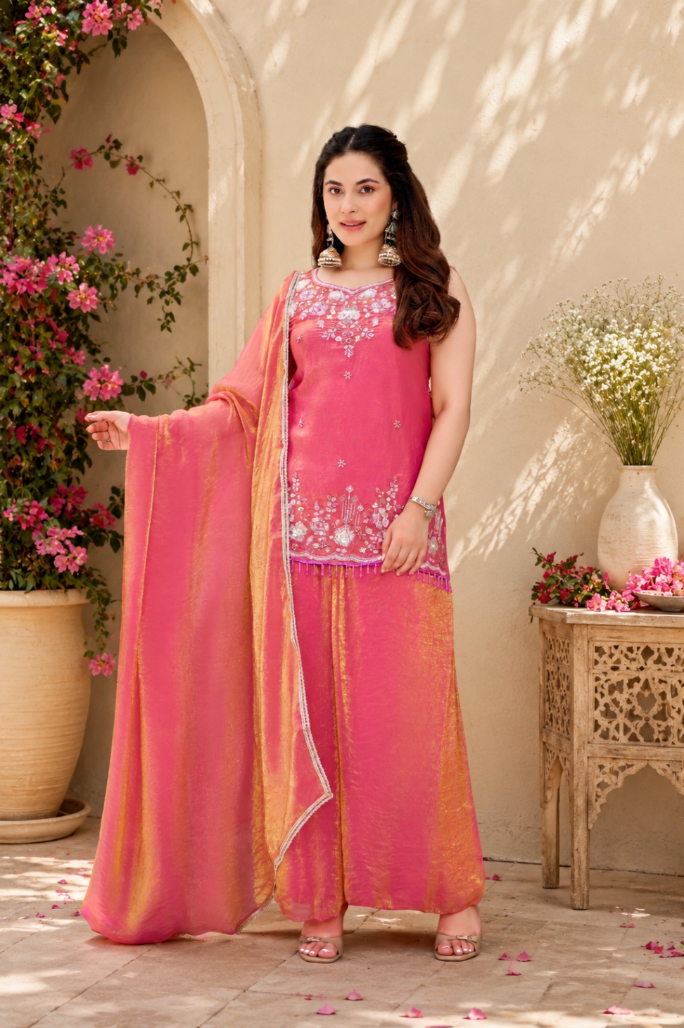 Gajri Bead Work Fendy Satin Palazzo Suit