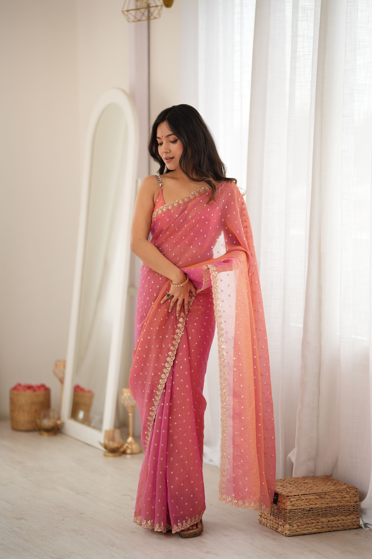 Gajri Butti Embroidery Moss Butti Saree