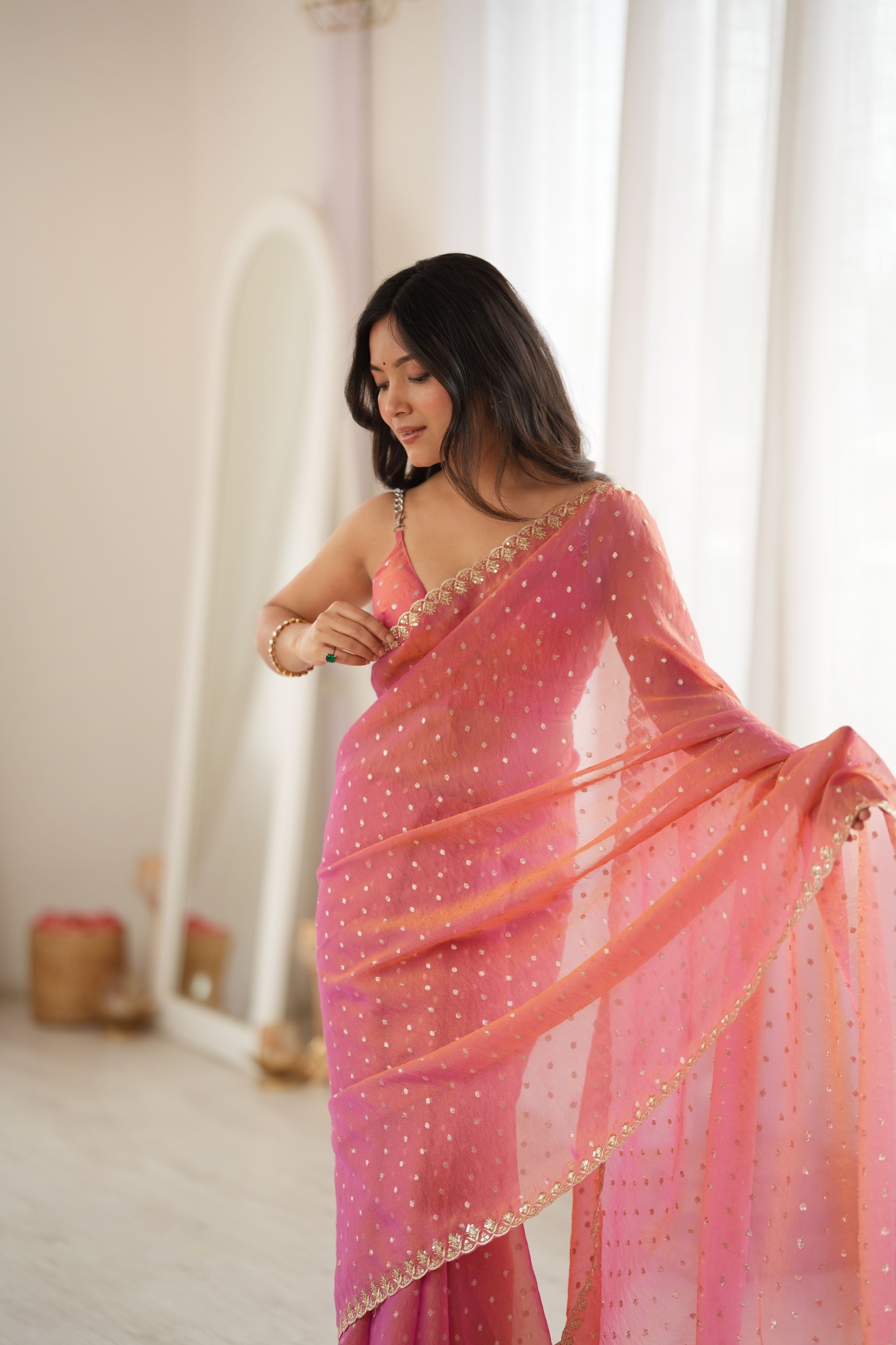 Gajri Butti Embroidery Moss Butti Saree