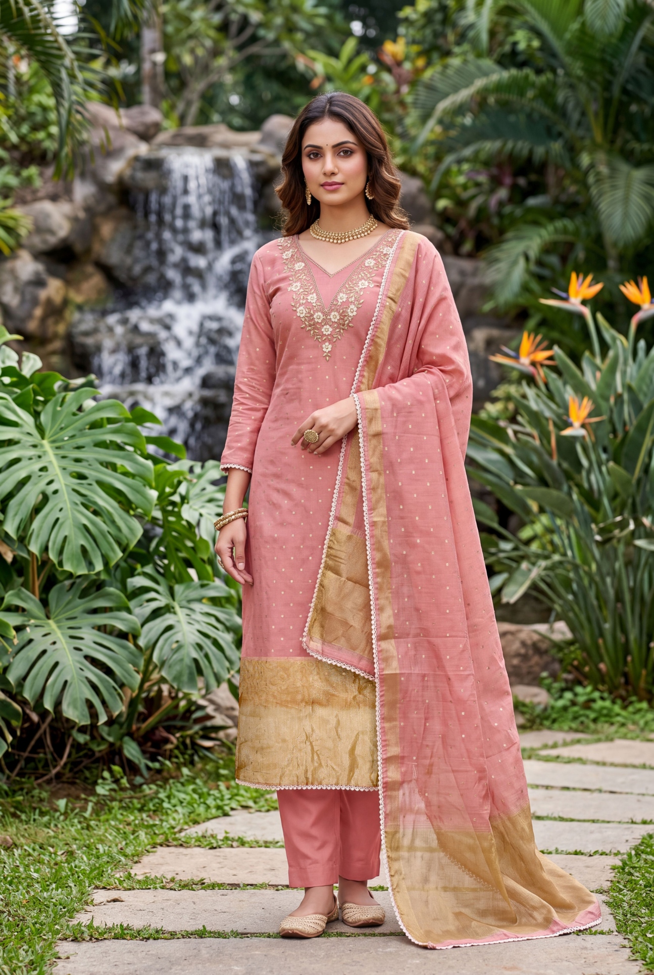 Gajri Floral Handwork Banarasi Cotton Straight Suit