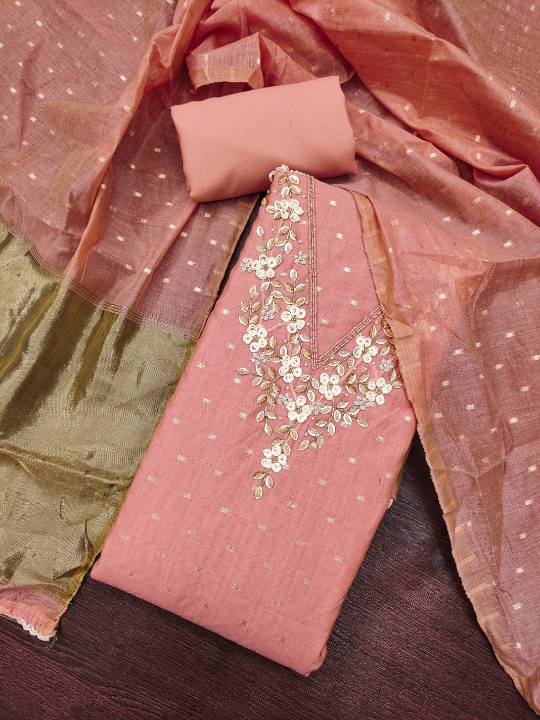 Gajri Floral Handwork Banarasi Cotton Straight Suit