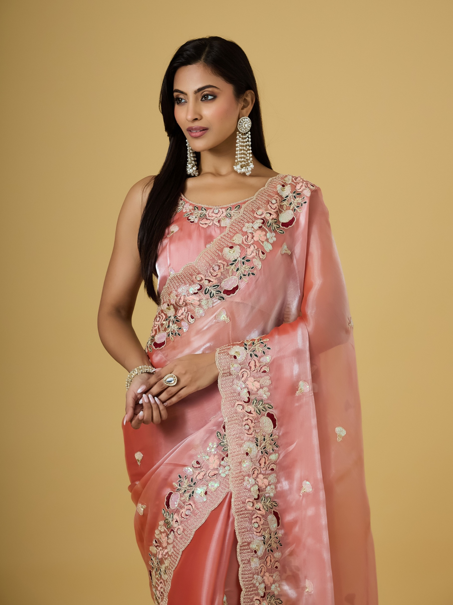 Gajri Floral Thread Embroidery Jimmy Choo Saree