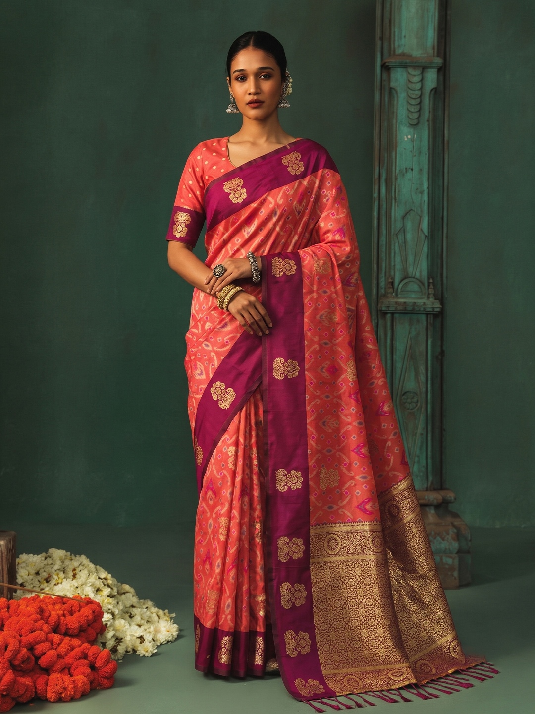 Gajri Geometric Woven Designer Silk Saree