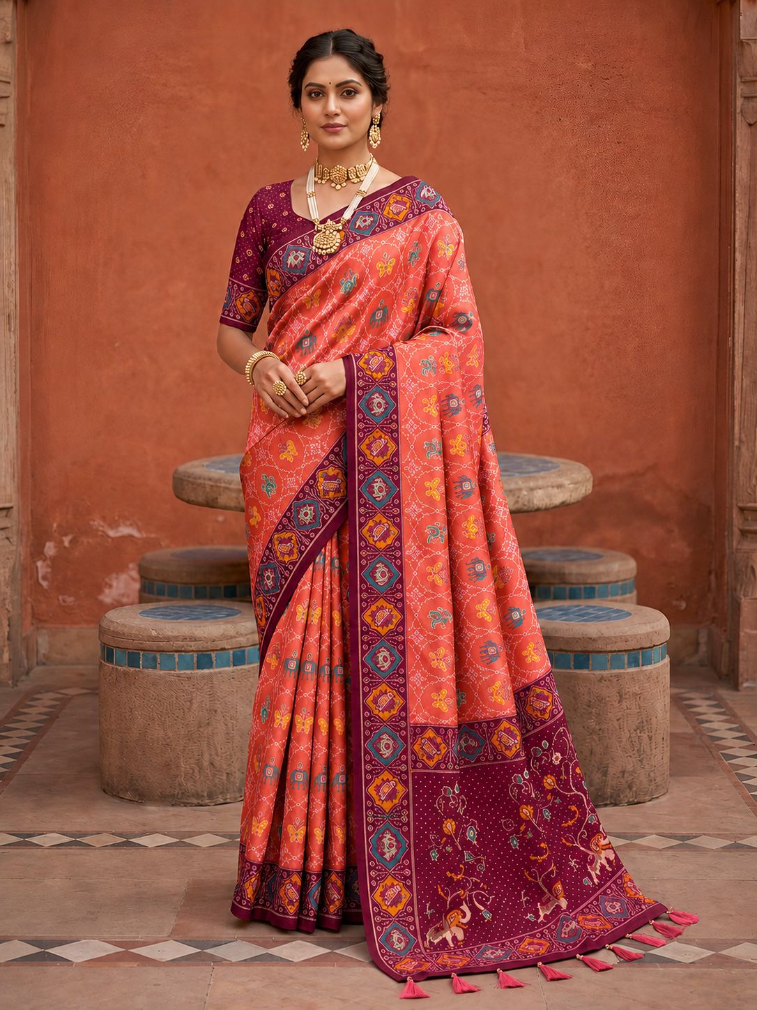 Gajri Geometric Woven Meenakari Jacquard Patola Silk Saree