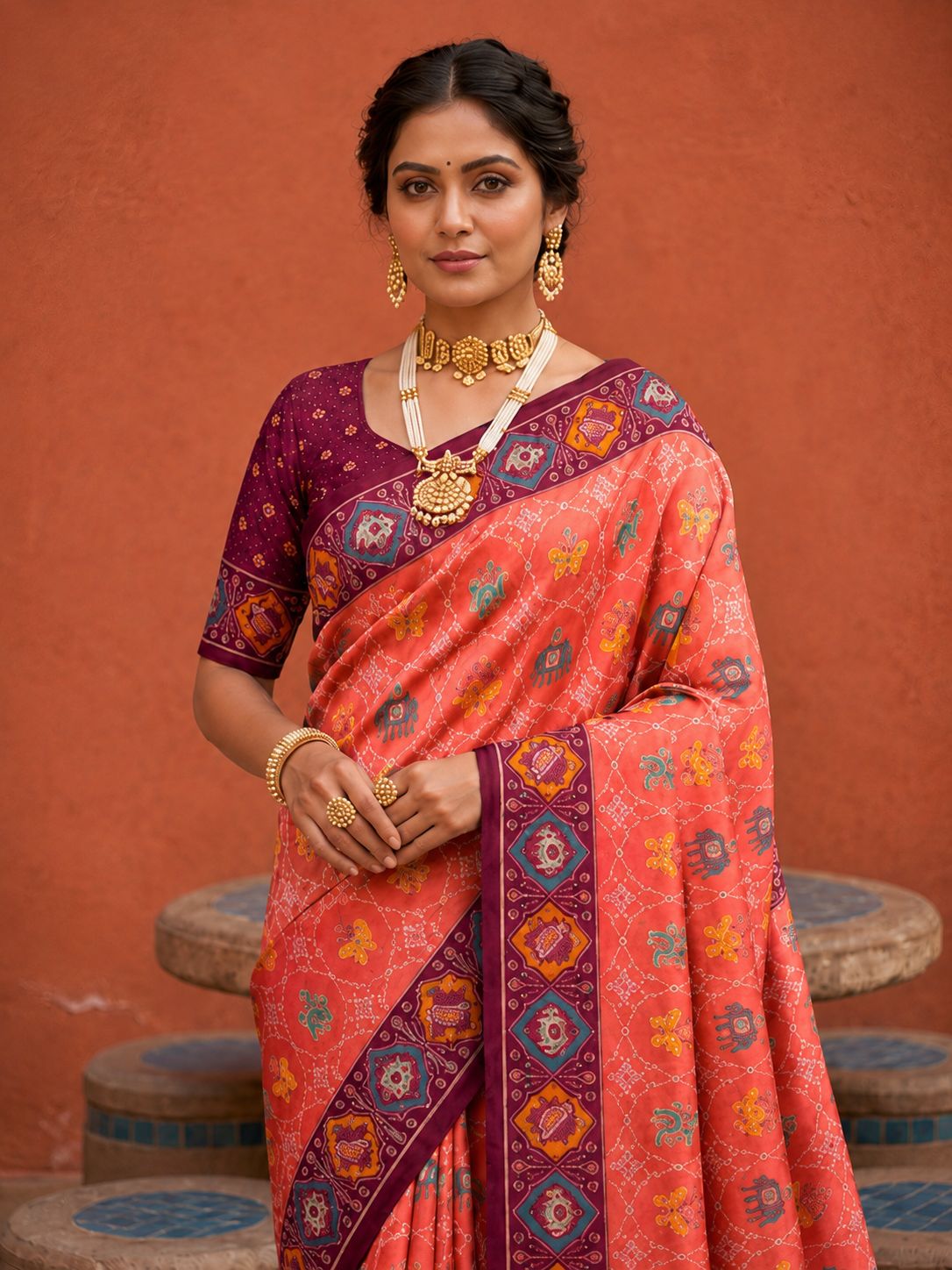 Gajri Geometric Woven Meenakari Jacquard Patola Silk Saree