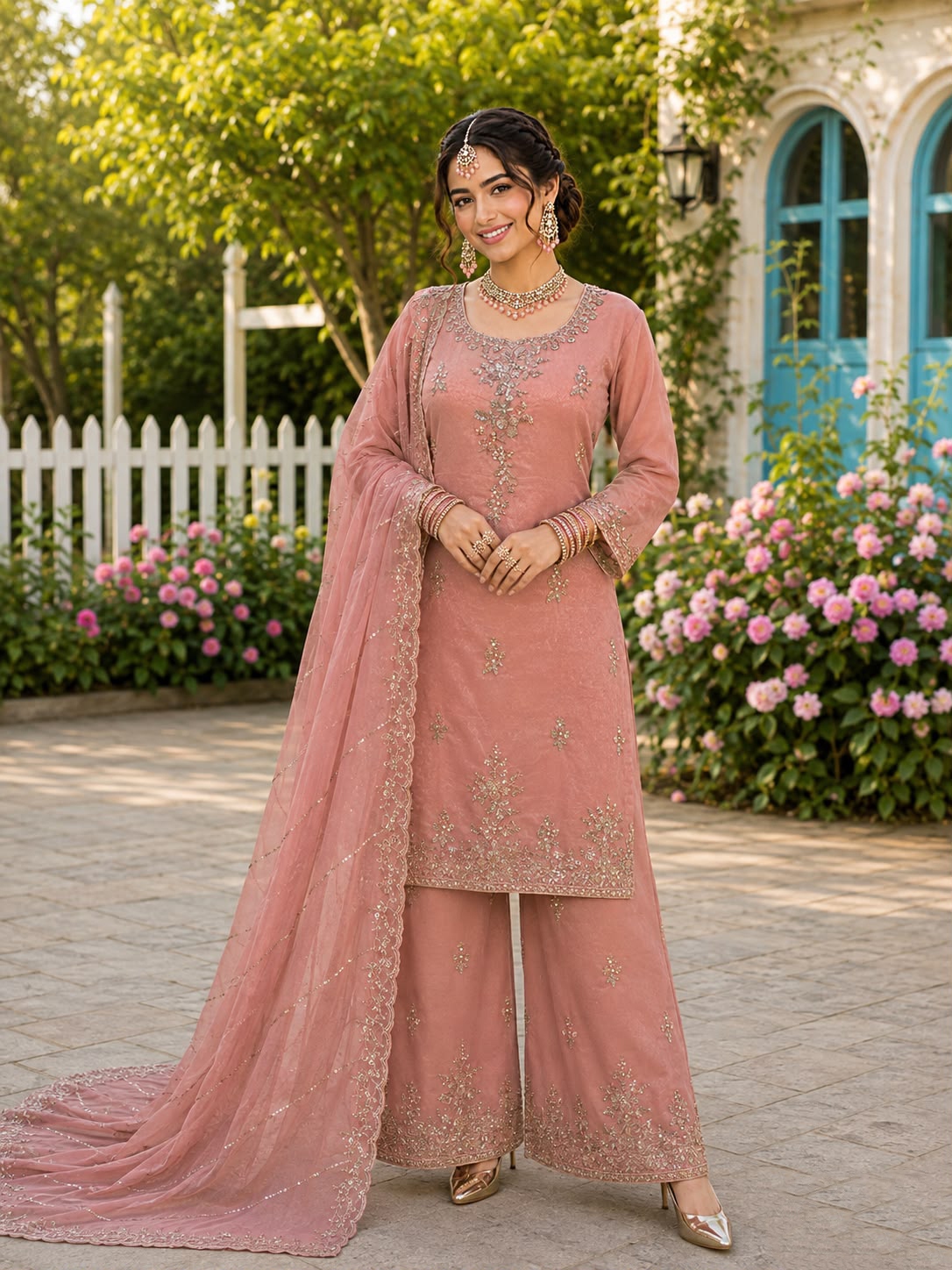Gajri Rose Gold Beadwork Palazzo Suit