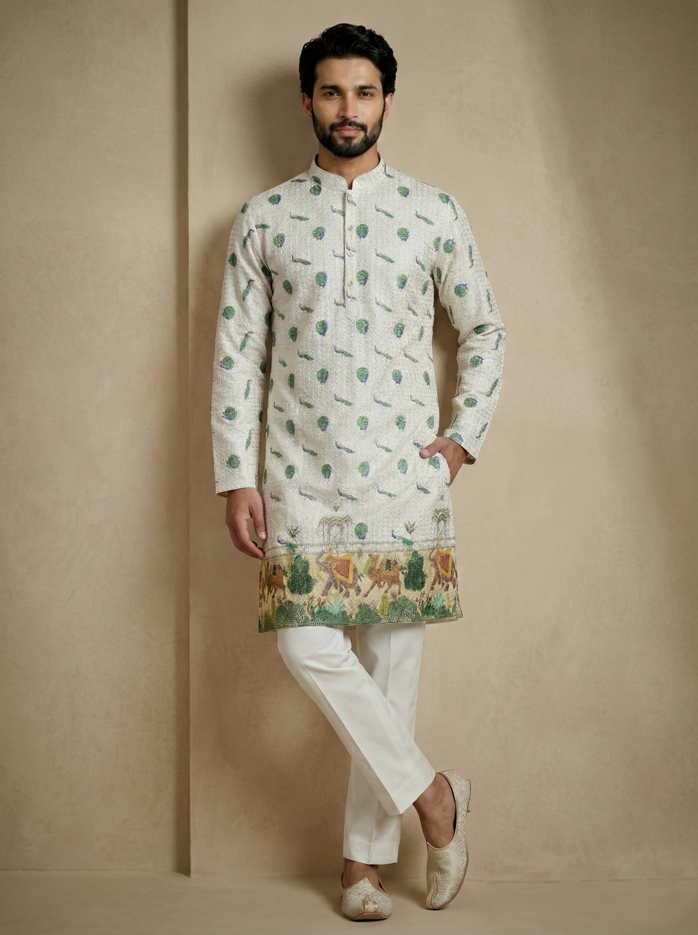 Garden Elephant Digital Print Mix Cotton Kurta Pyjama