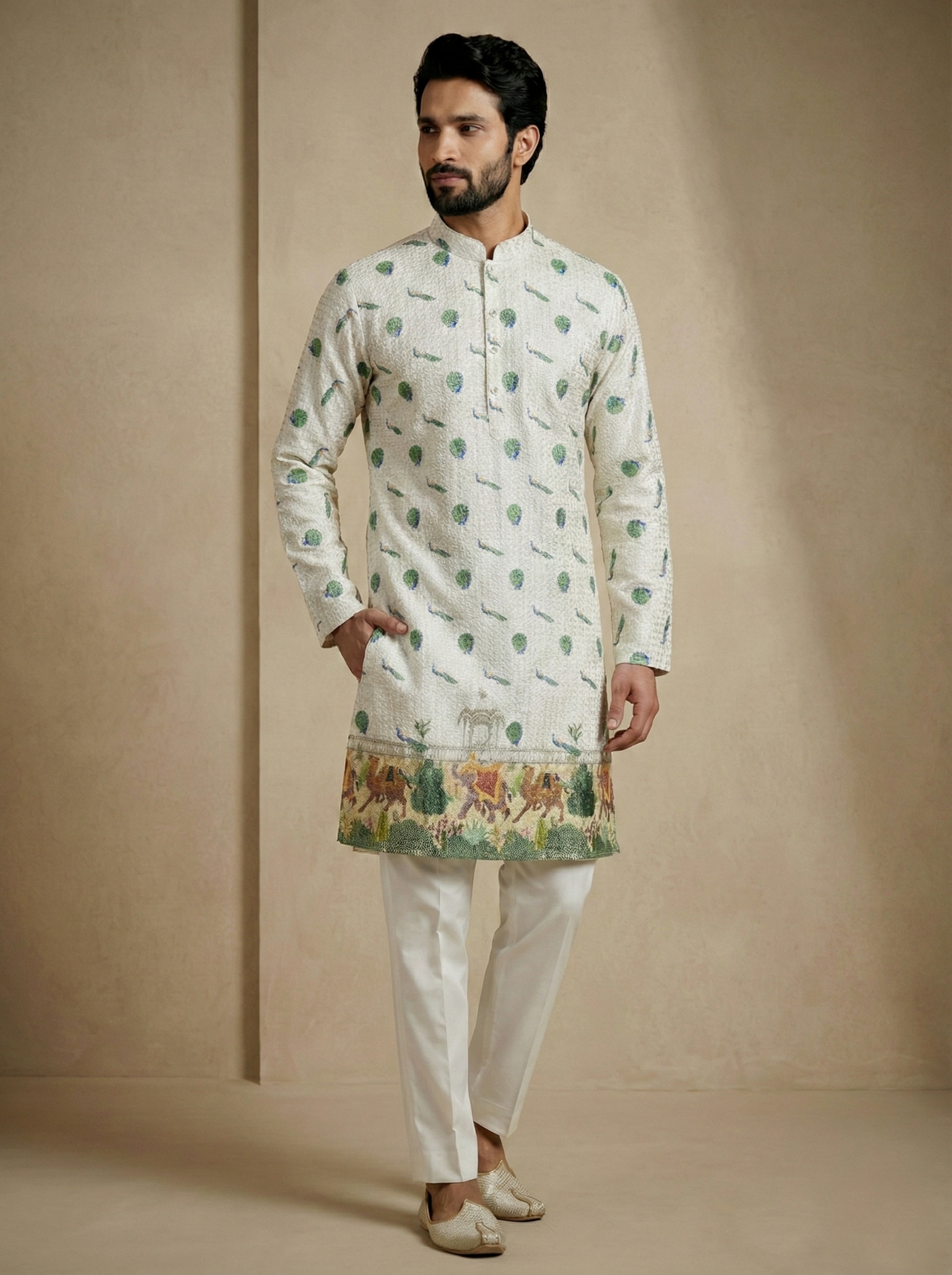 Garden Elephant Digital Print Mix Cotton Kurta Pyjama — alternate view