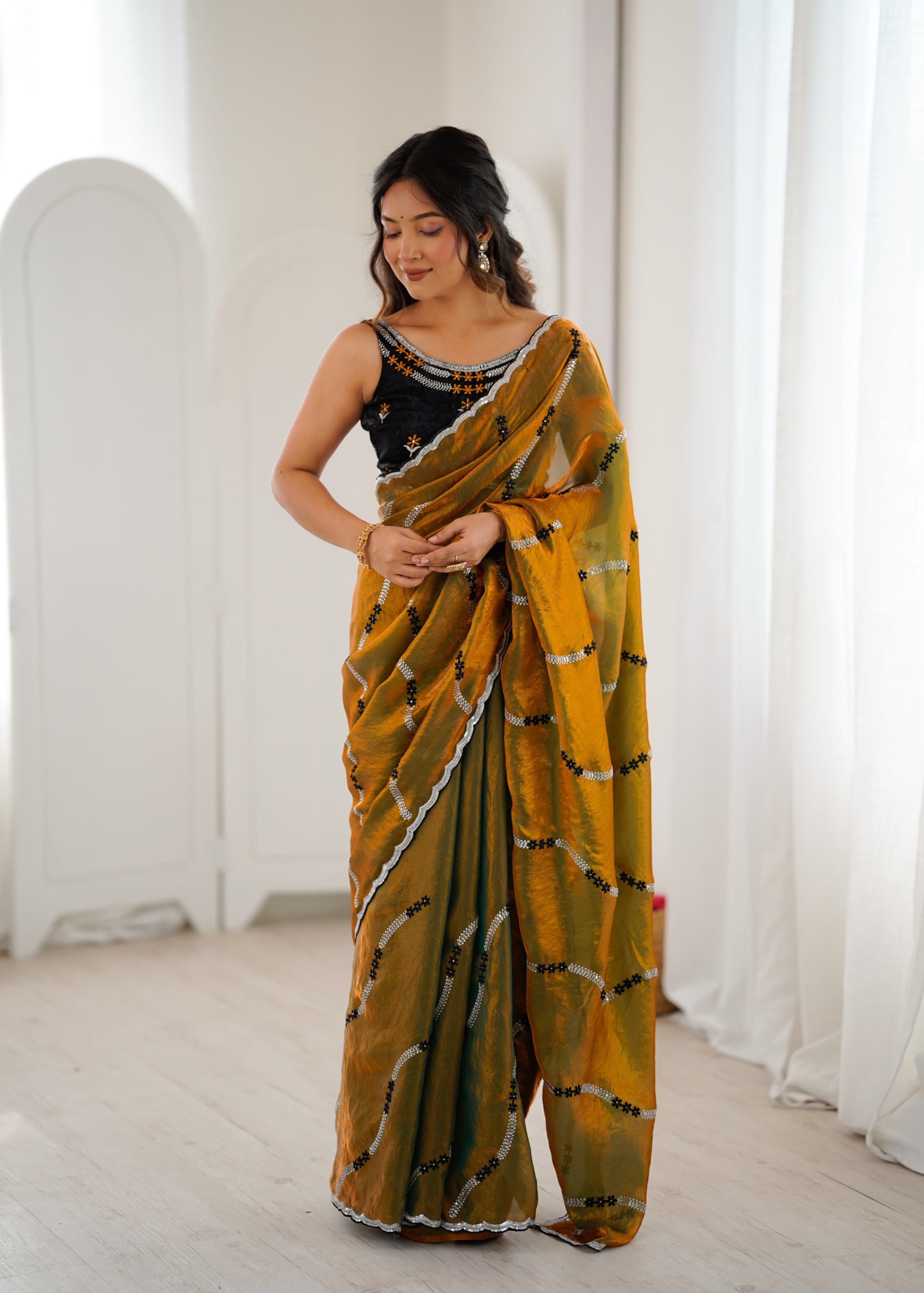 Gold Abstract Sequins Fendy Satin Saree