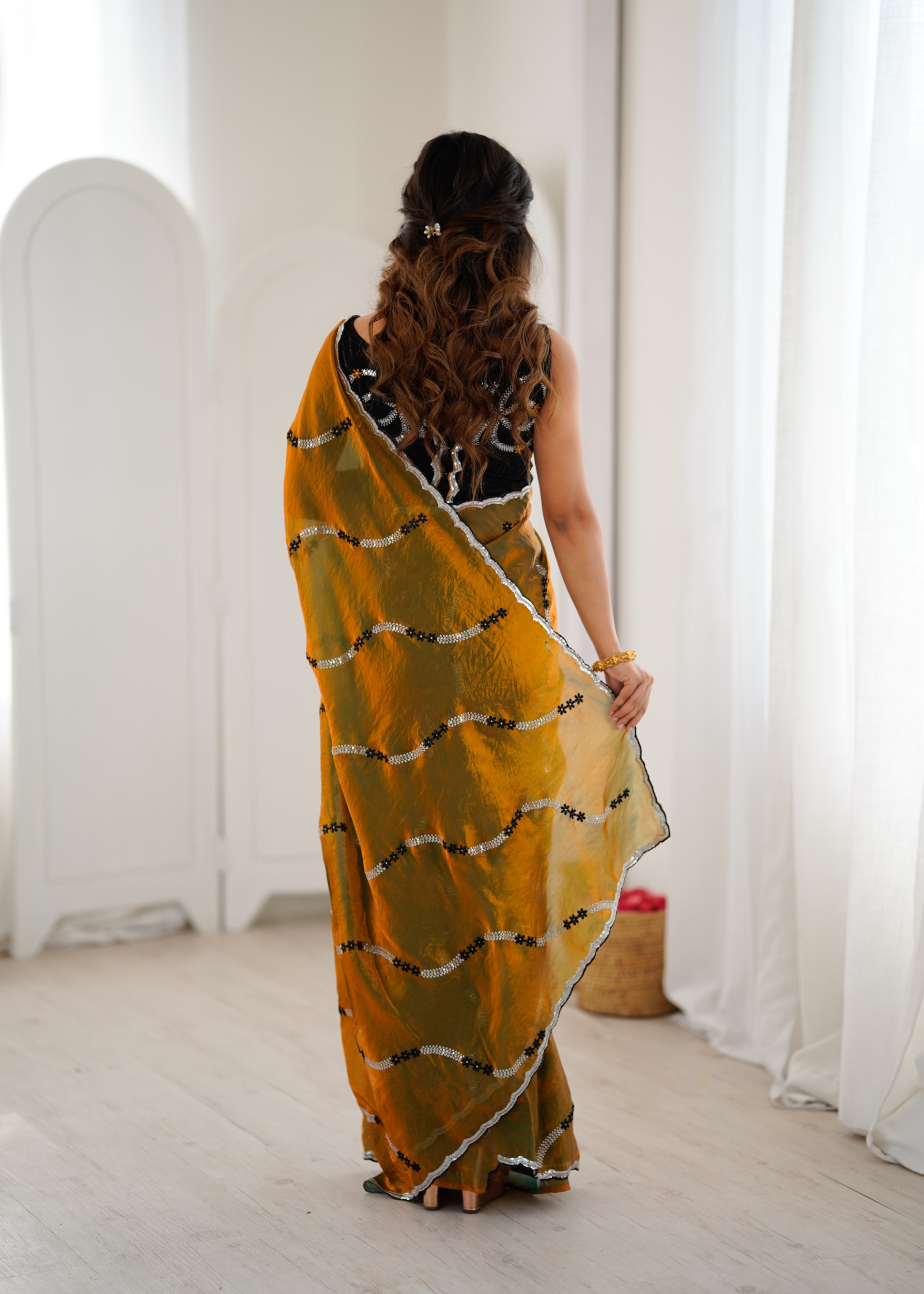 Gold Abstract Sequins Fendy Satin Saree — alternate view