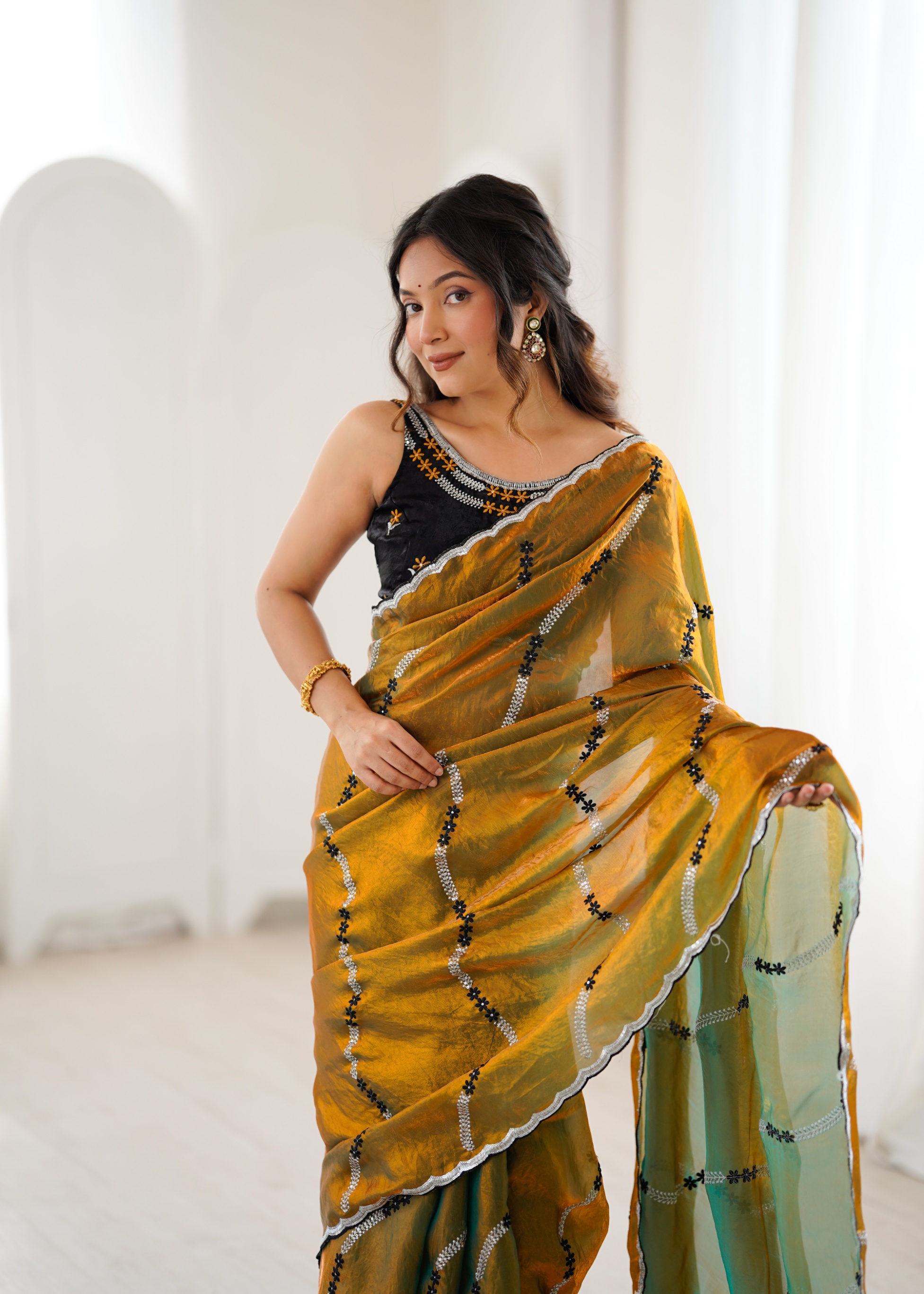 Gold Abstract Sequins Fendy Satin Saree