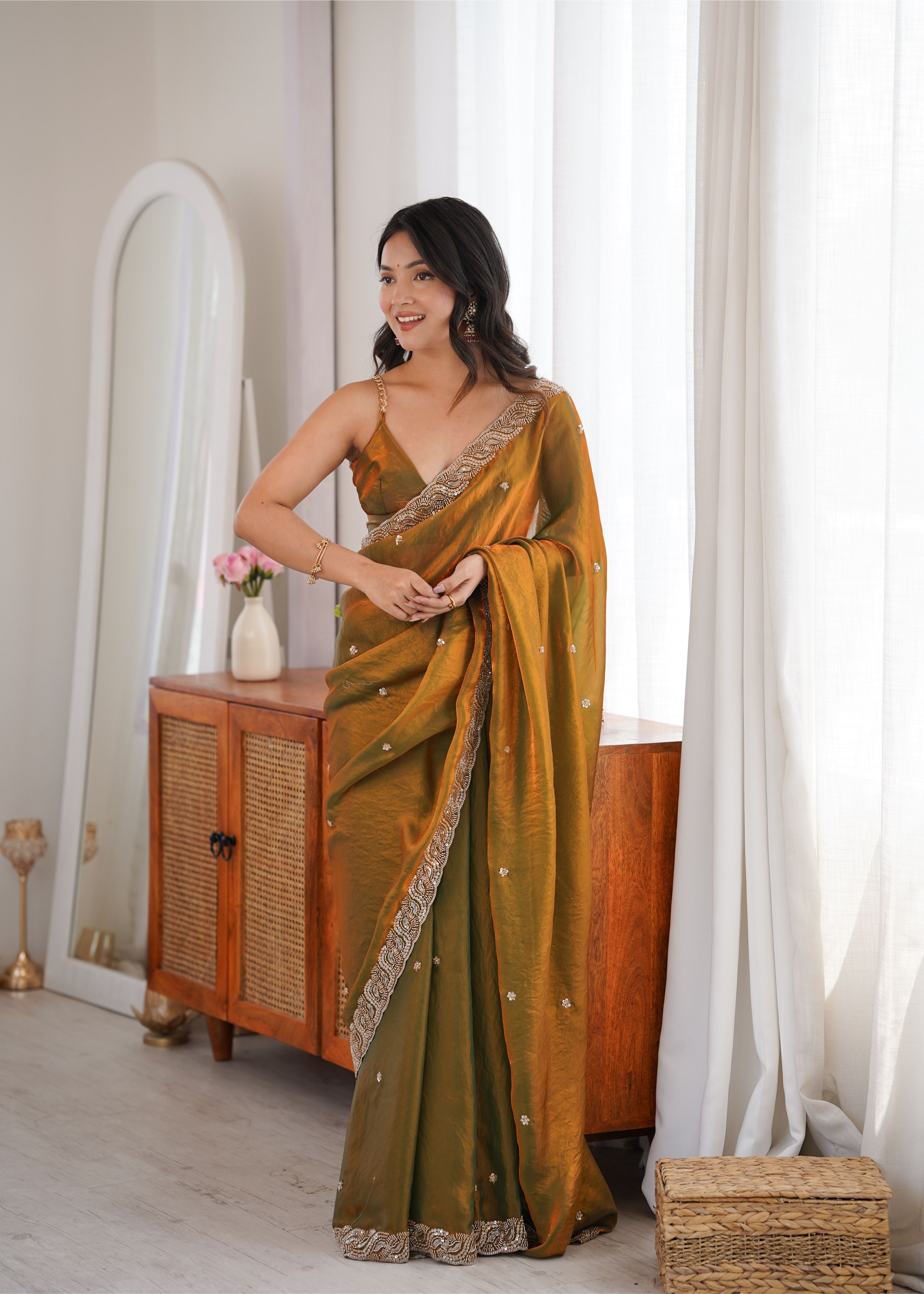 Gold Beads Pearl Fendy Satin Saree