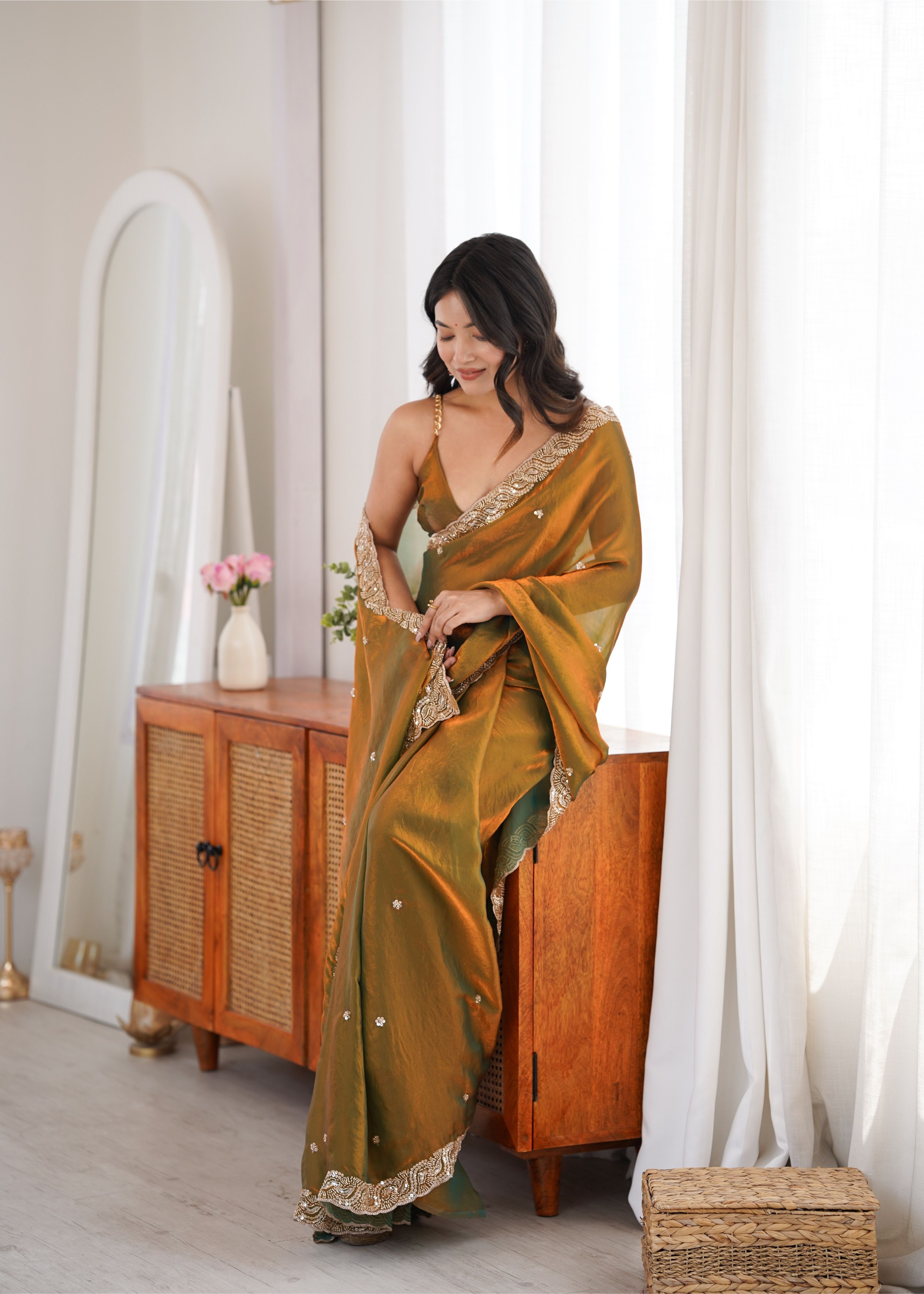 Gold Beads Pearl Fendy Satin Saree — alternate view