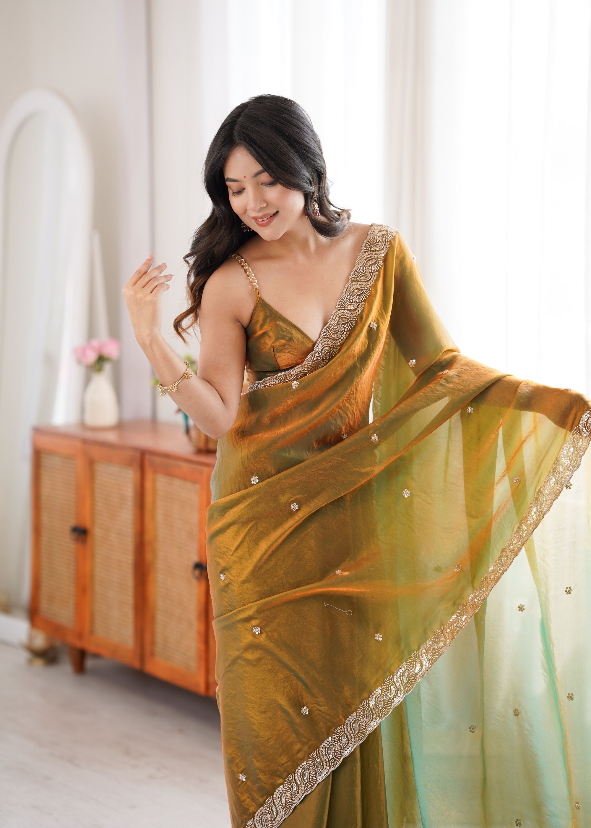 Gold Beads Pearl Fendy Satin Saree