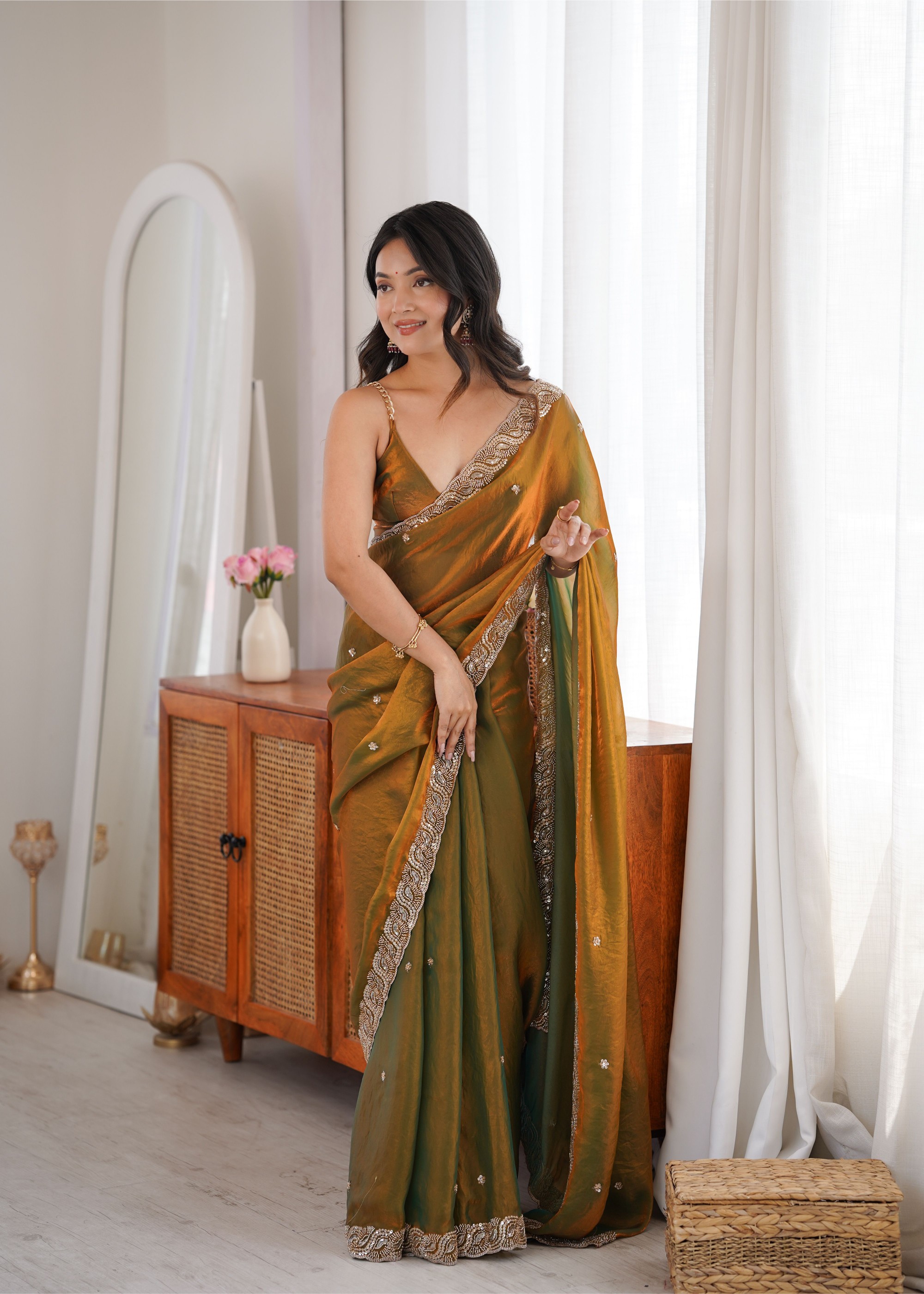 Gold Beads Pearl Fendy Satin Saree