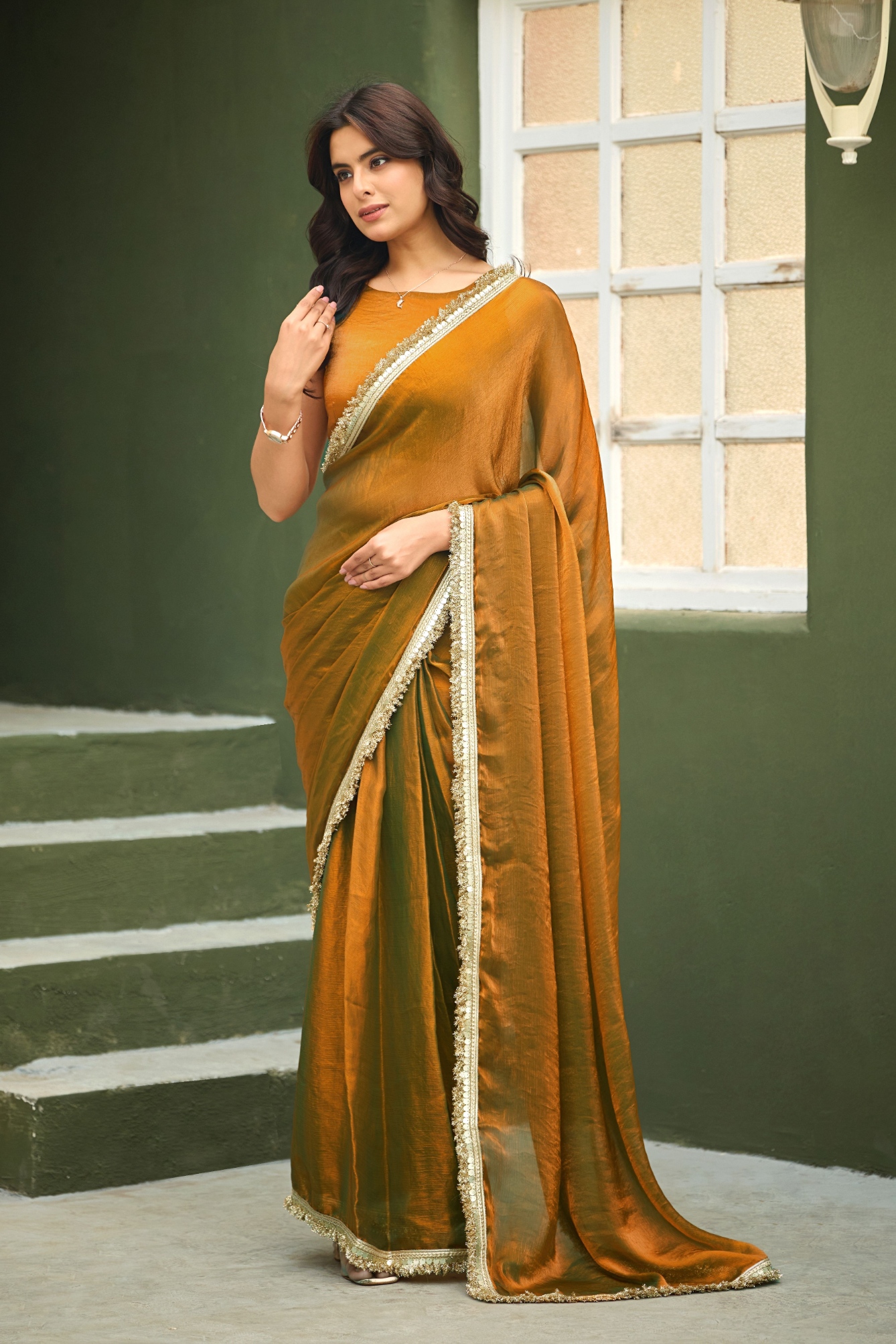 Gold Chiffon Lace Border Ready To Wear Saree