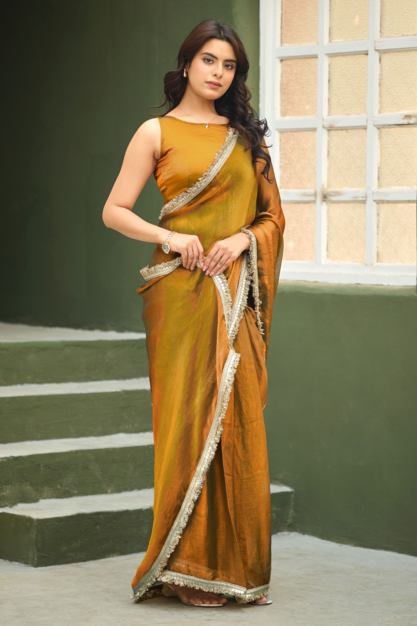 Gold Chiffon Lace Border Ready To Wear Saree — alternate view