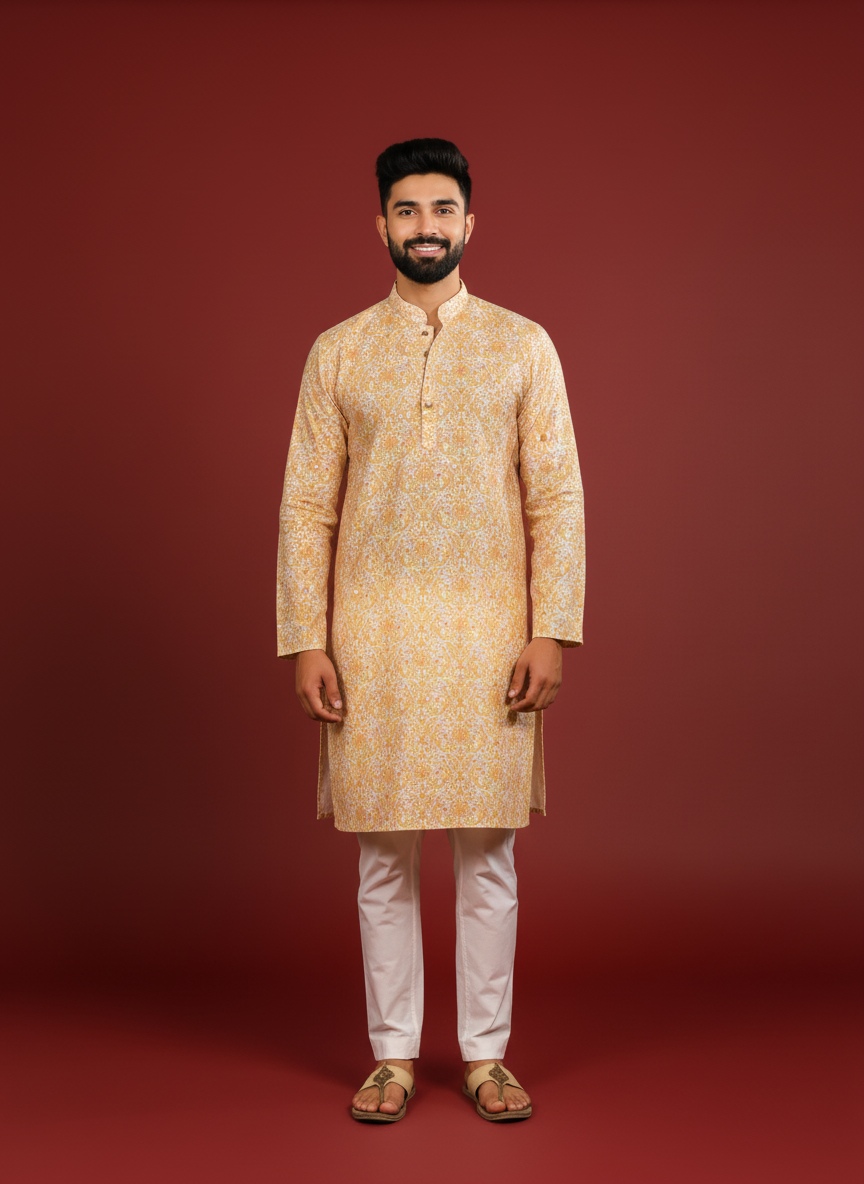 Gold Cotton Designer Kurta Pyjama