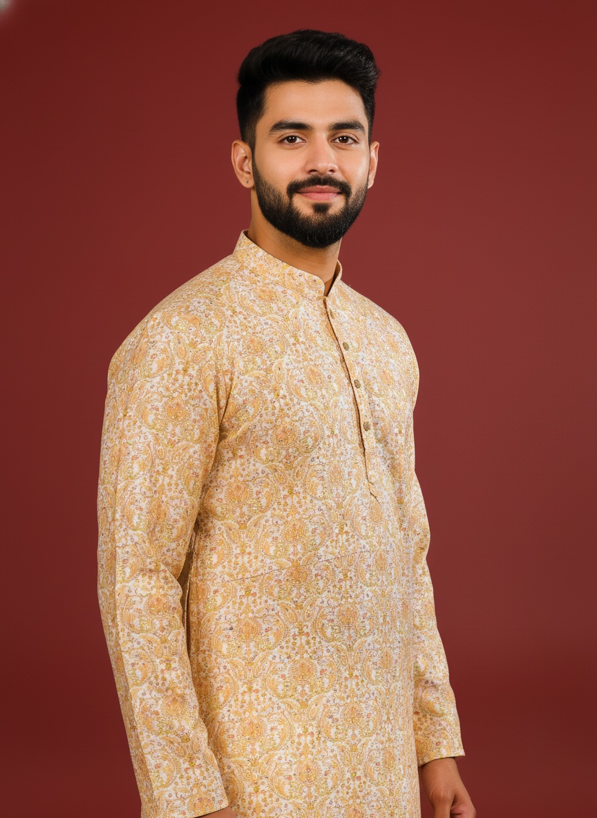 Gold Cotton Designer Kurta Pyjama