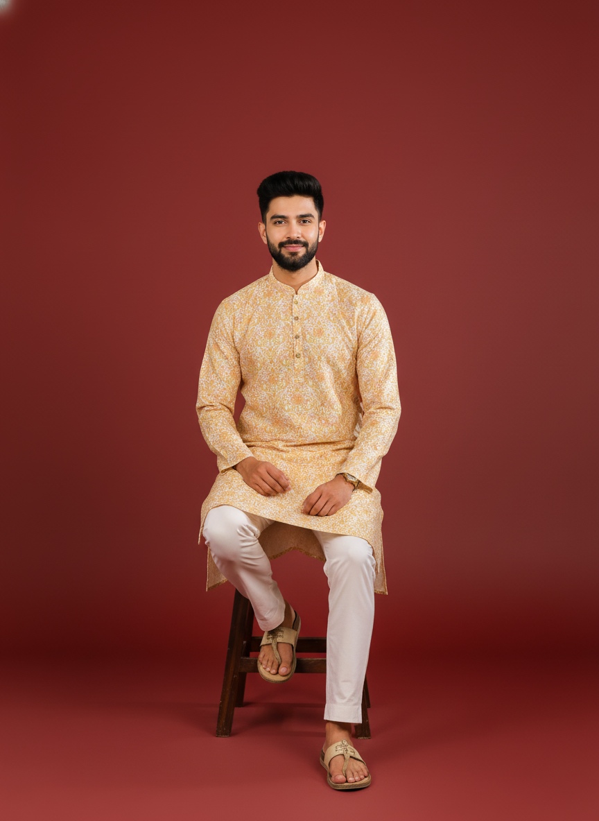 Gold Cotton Designer Kurta Pyjama