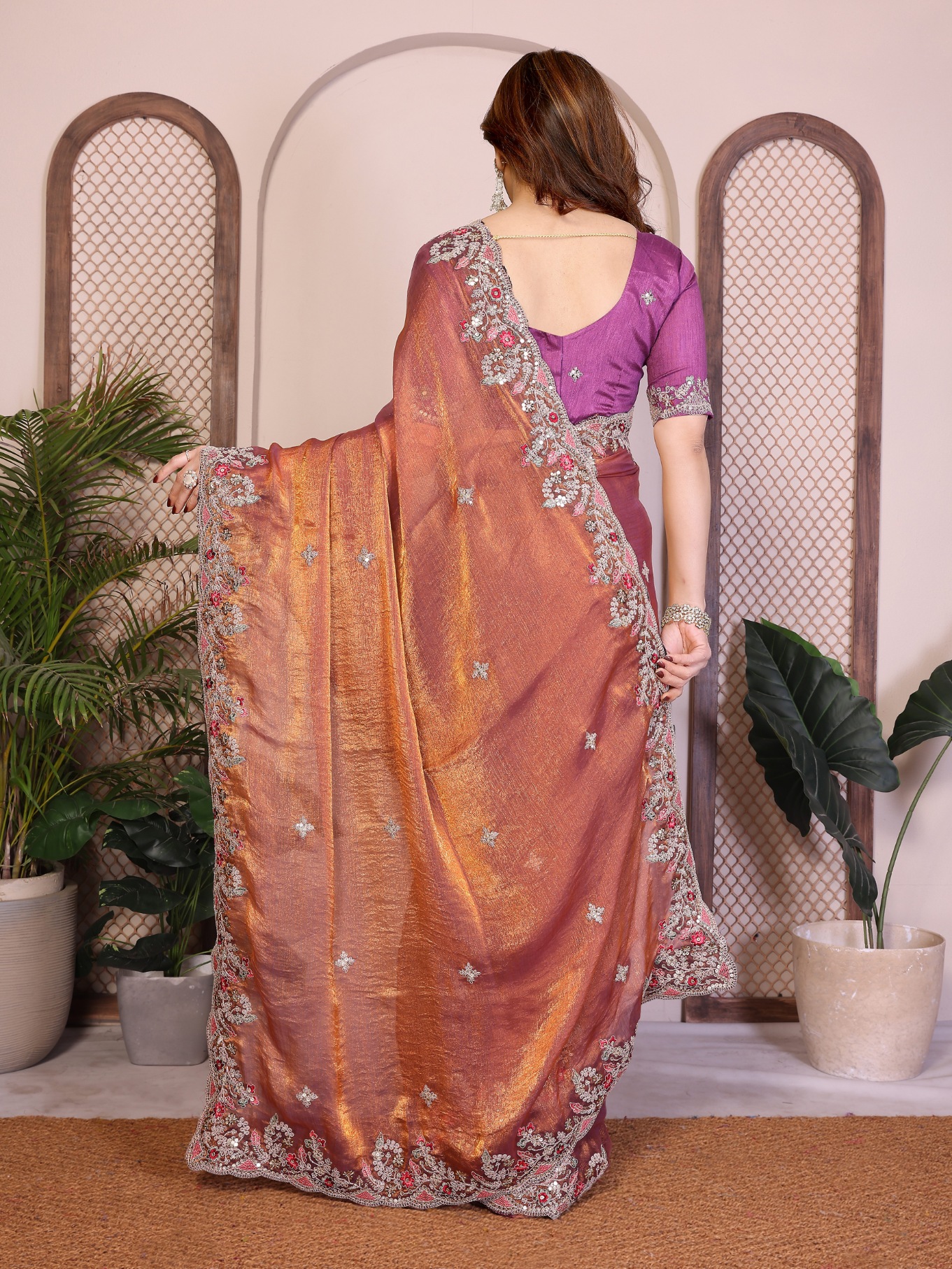 Gold Designer Embroidered Fendy Chiffon Saree — alternate view