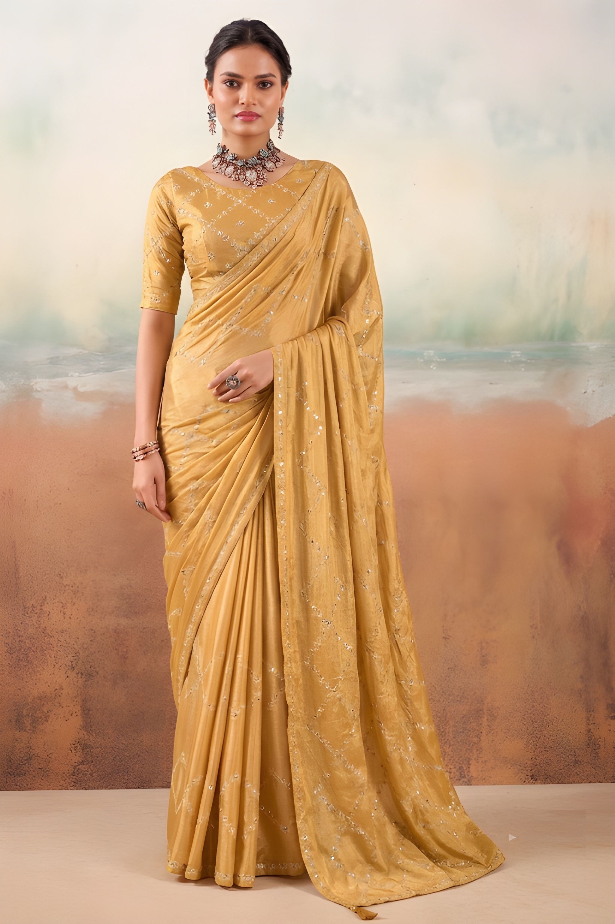 Gold Embroidered Chiffon Designer Saree