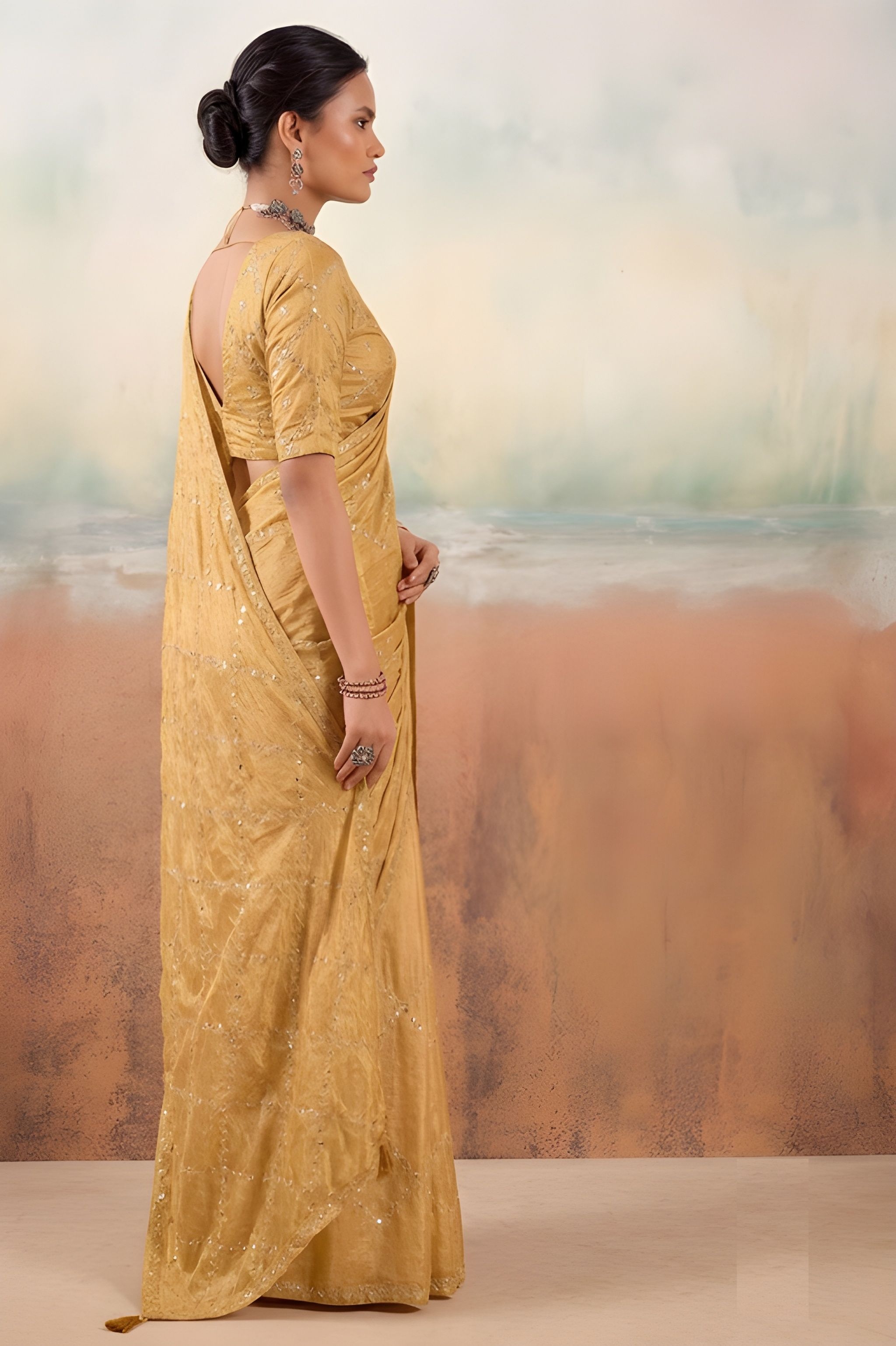 Gold Embroidered Chiffon Designer Saree