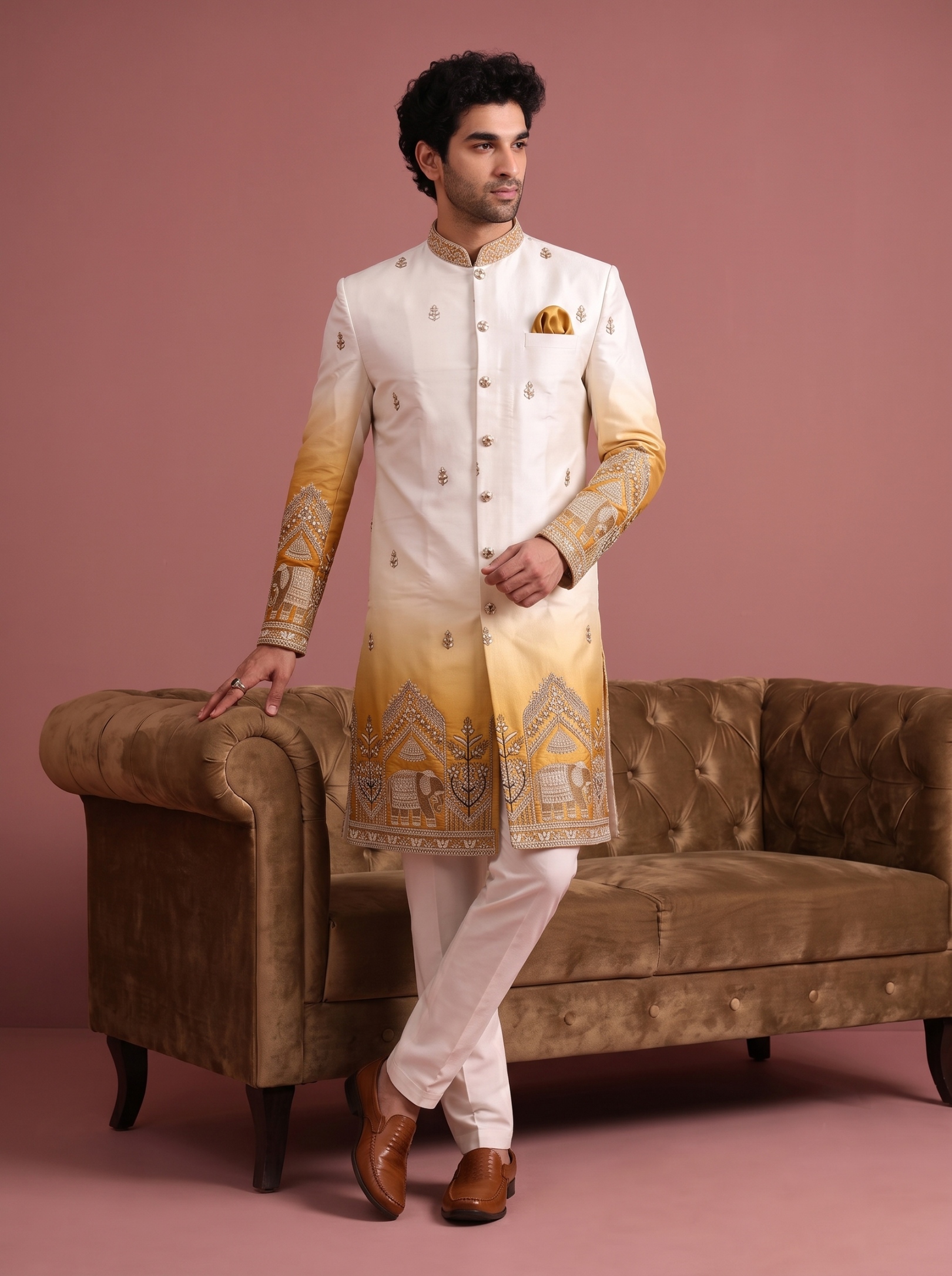 Gold Embroidered Doniar Satin Indo-Western Sherwani