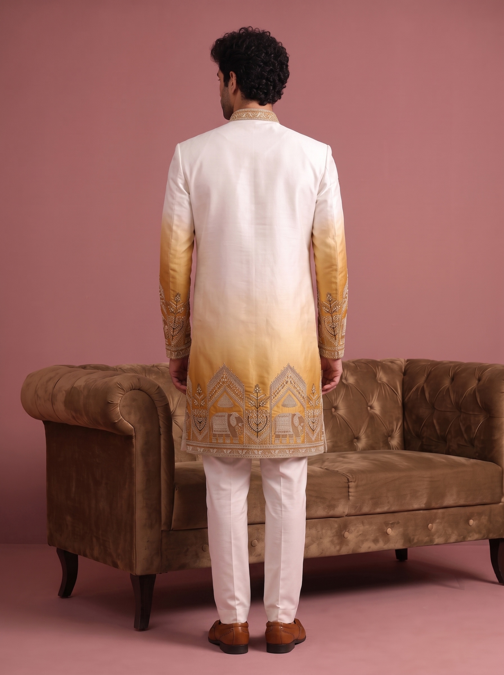 Gold Embroidered Doniar Satin Indo-Western Sherwani — alternate view